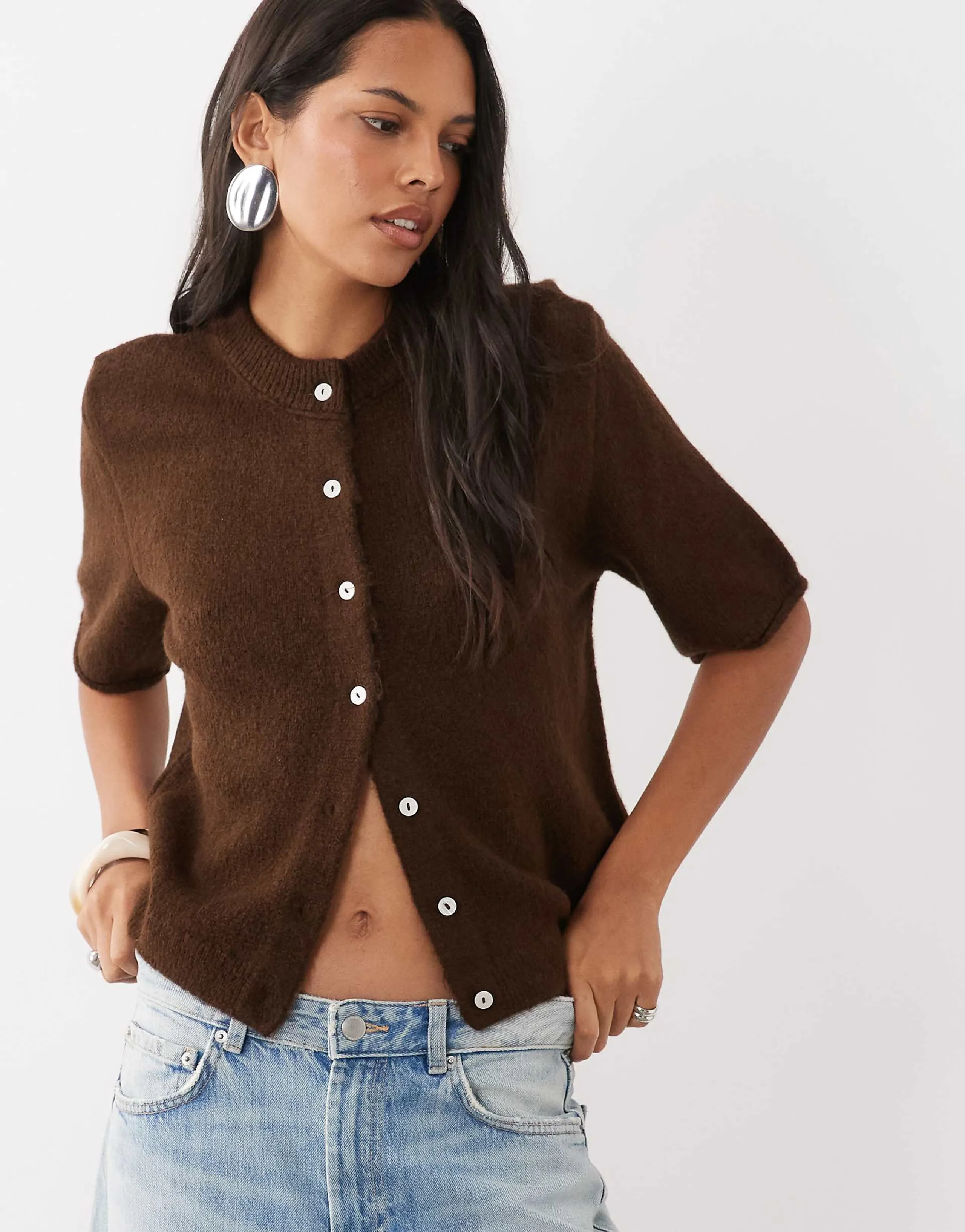ASOS DESIGN lightweight relaxed short sleeve cardigan in chocolate