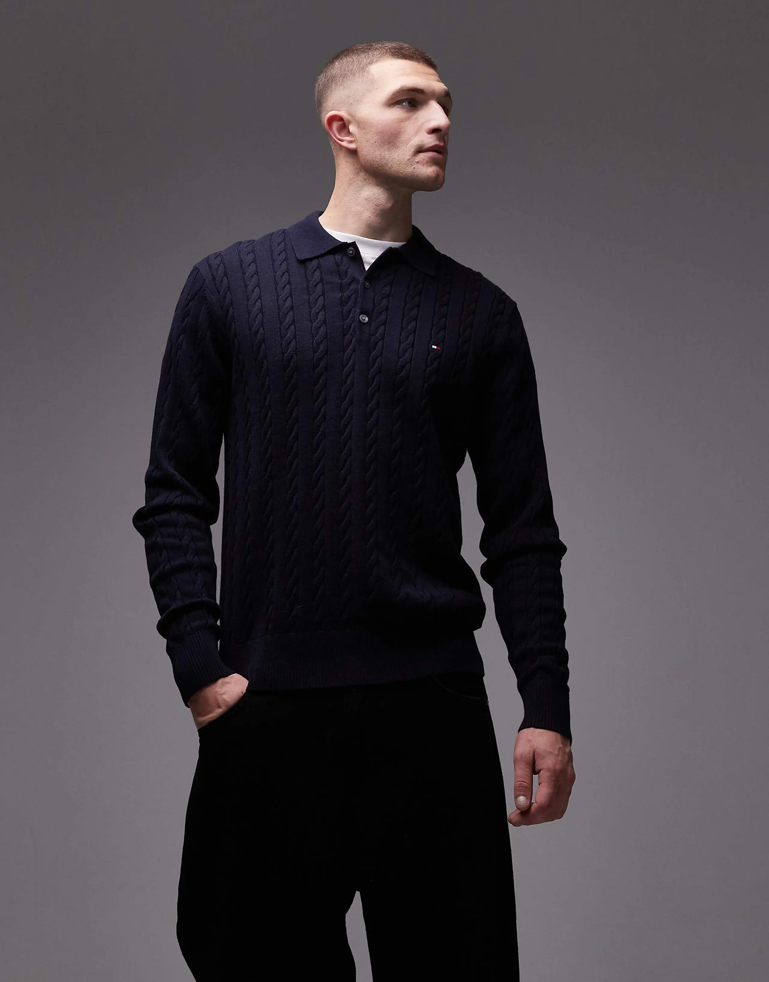 Tommy Hilfiger cable knit long sleeve polo shirt in navy