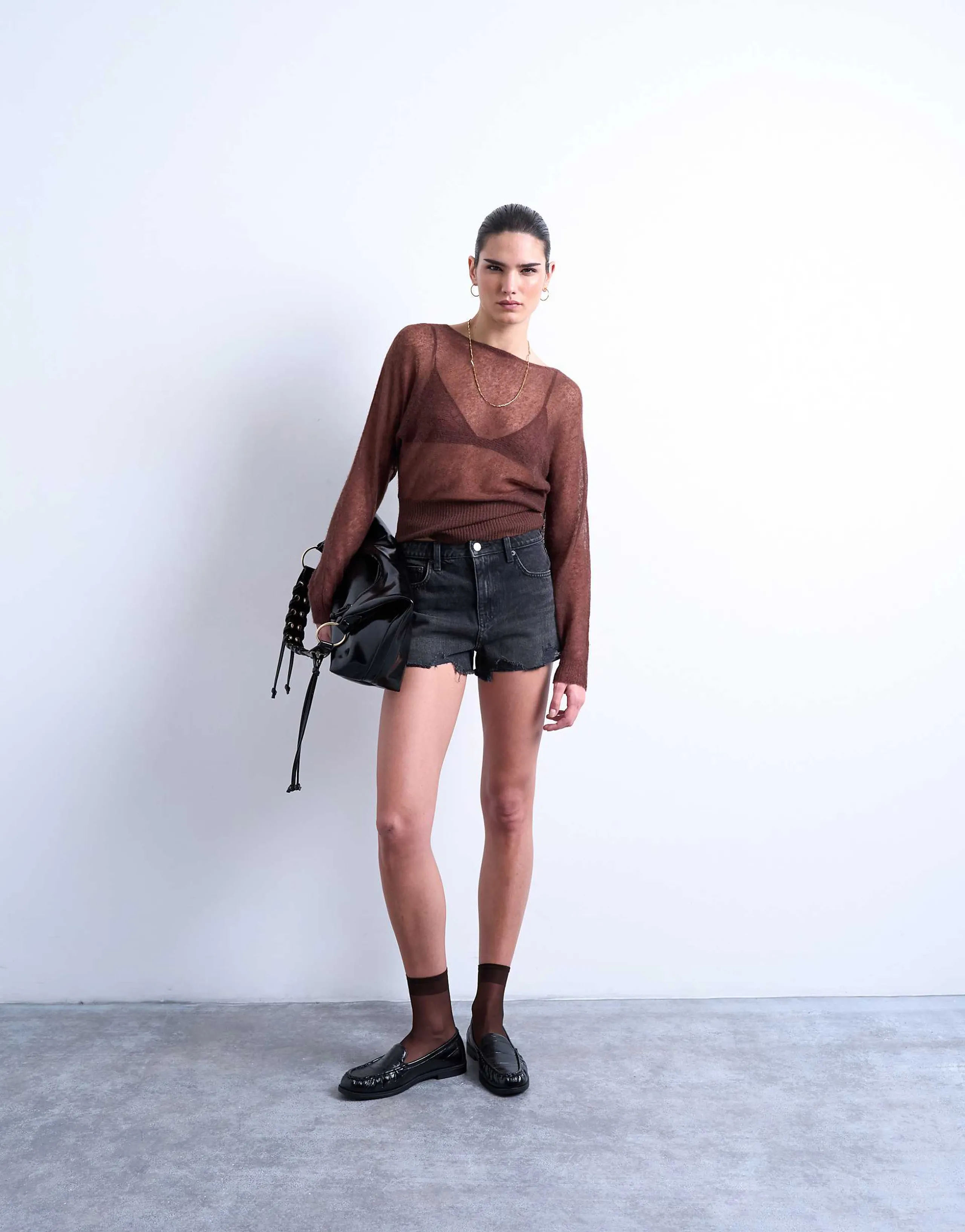Topshop denim a-line shorts with rips in washed black
