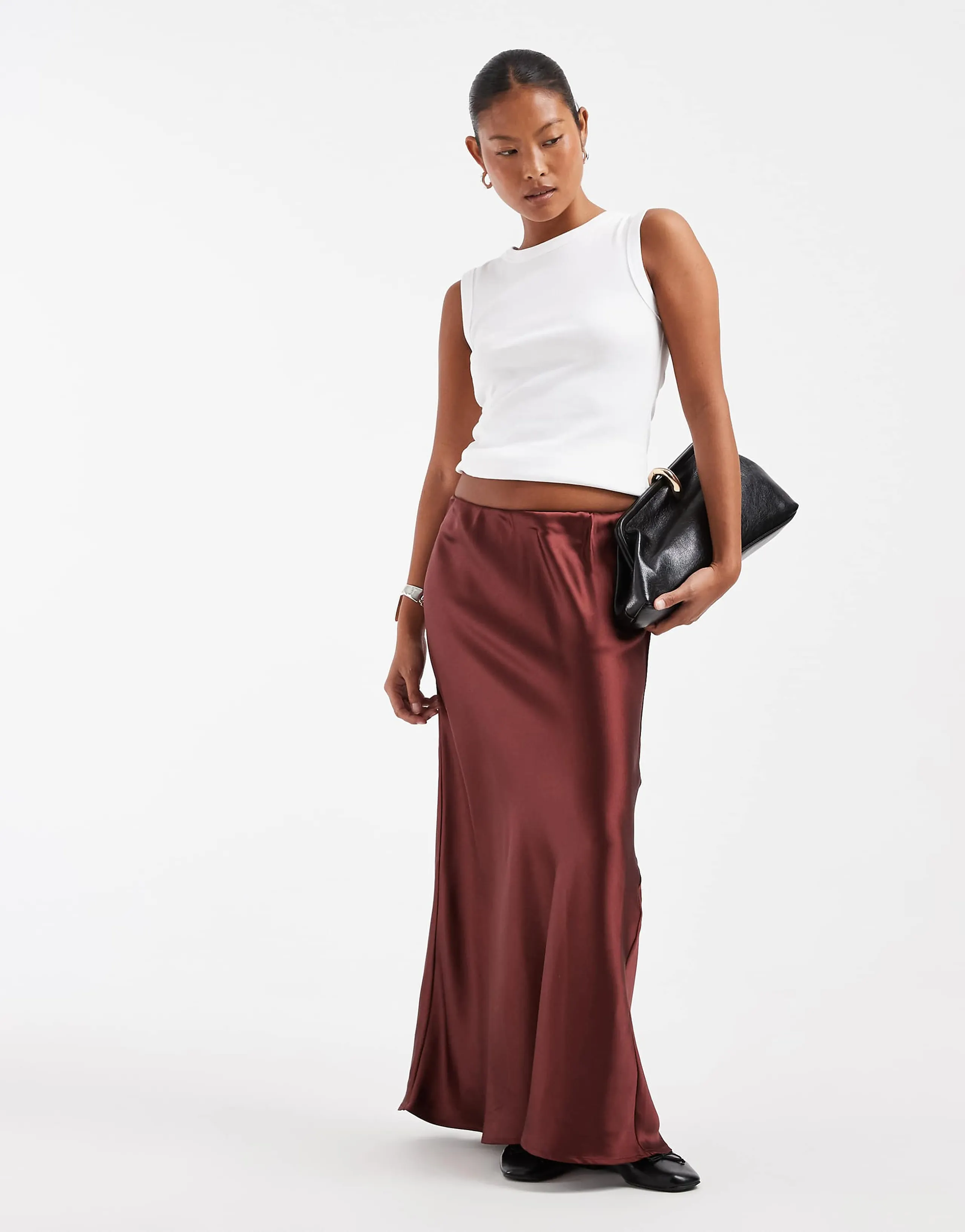 ASOS DESIGN Petite satin bias maxi skirt in chocolate
