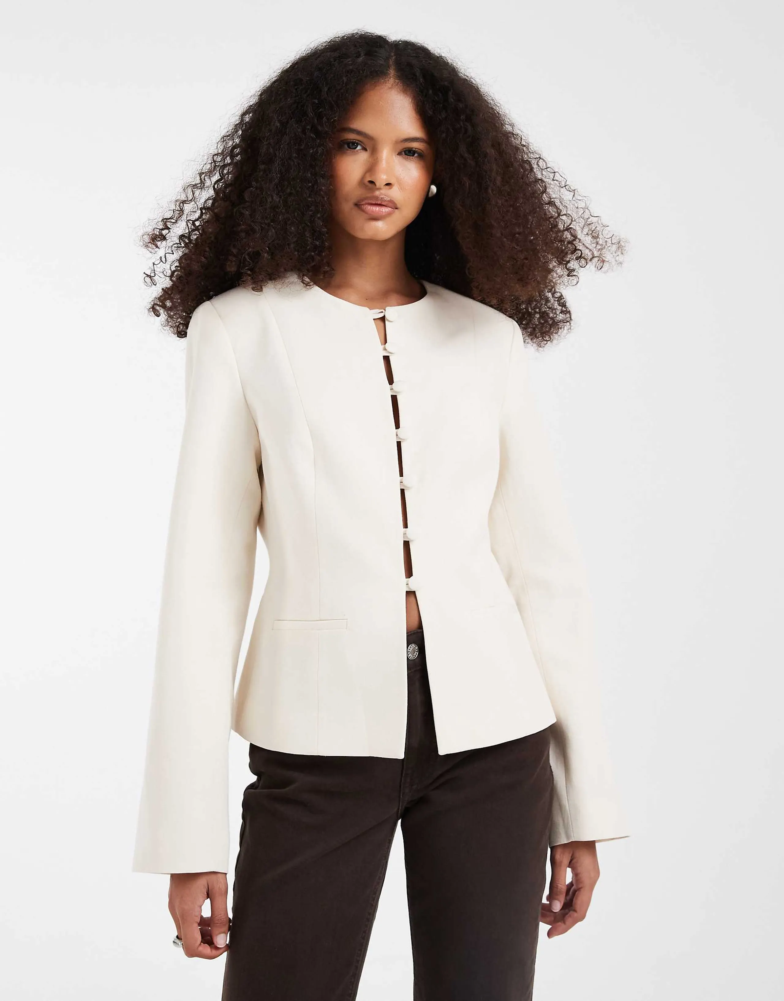 ASOS DESIGN button up linen fitted blazer in cream