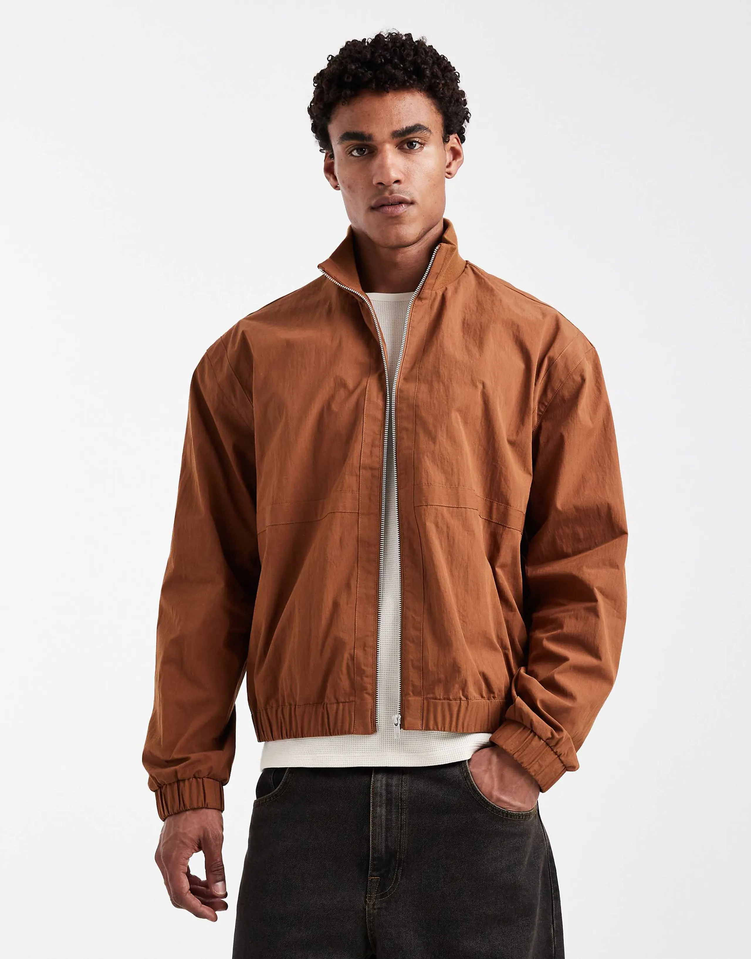ASOS DESIGN ribbed funnel neck bomber jacket in rust