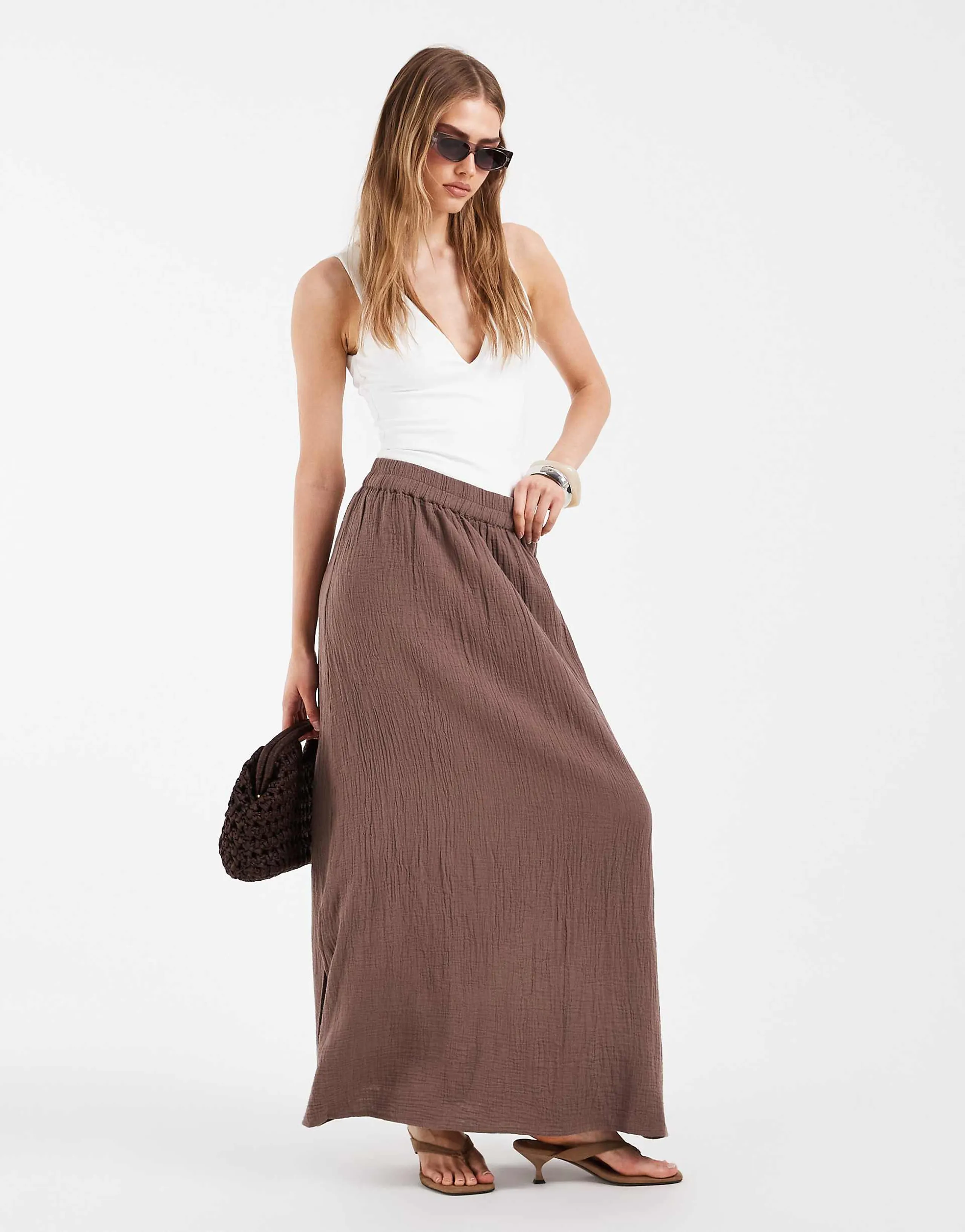 PIECES cotton maxi skirt in chocolate brown