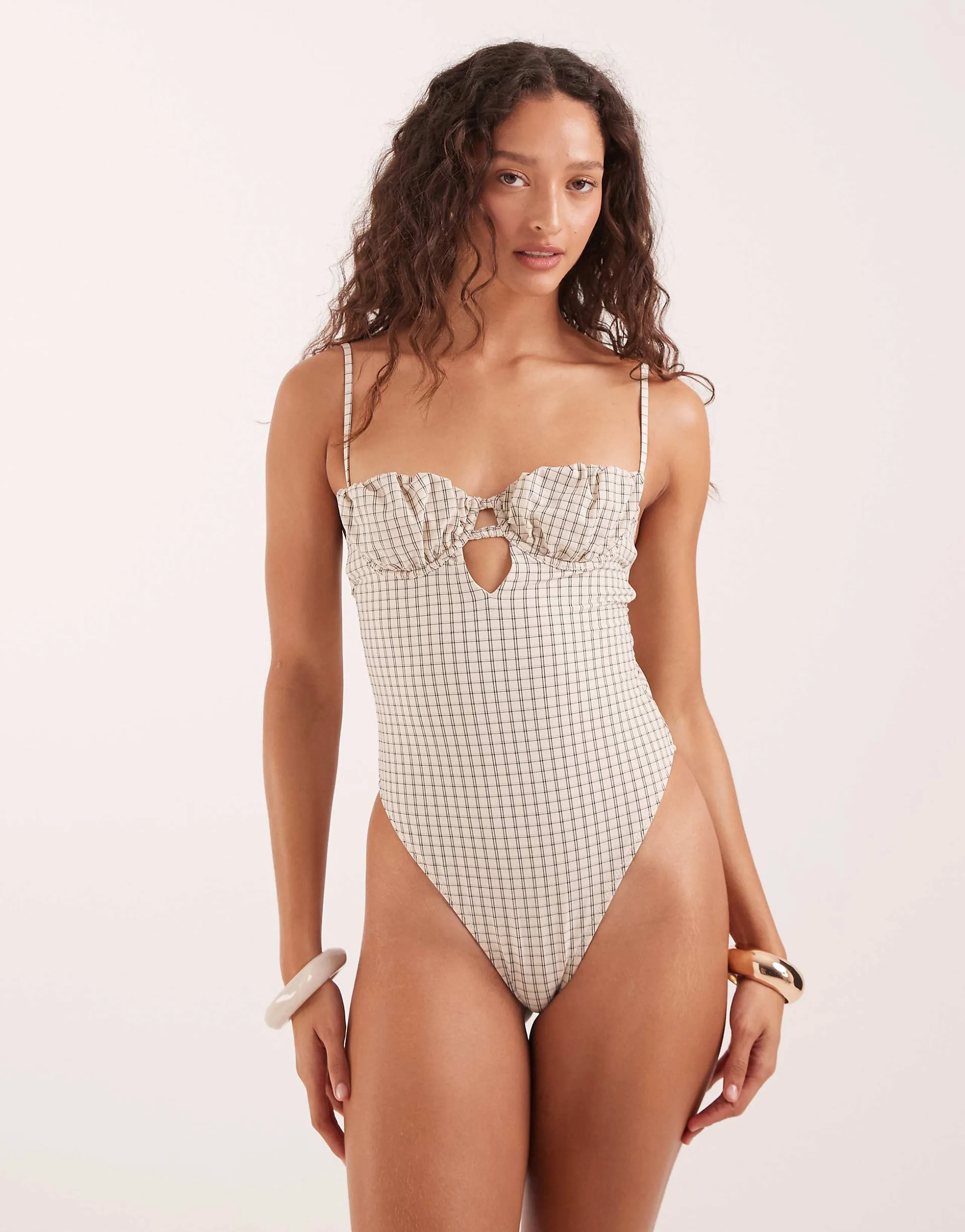 ASOS DESIGN Piper paper touch plaid ruched balconette swimsuit in plaid print