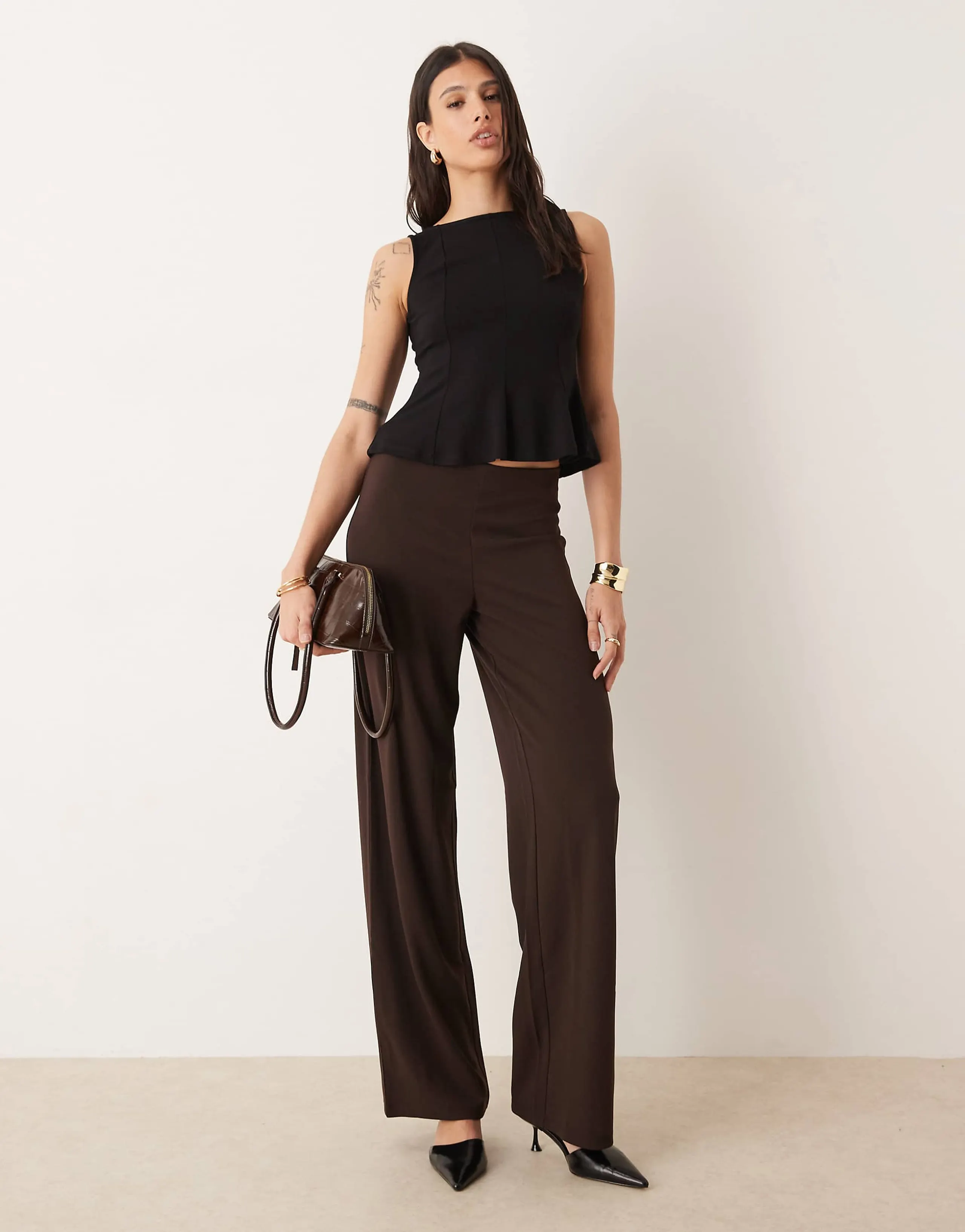 JDY Tall wide leg pants in chocolate brown