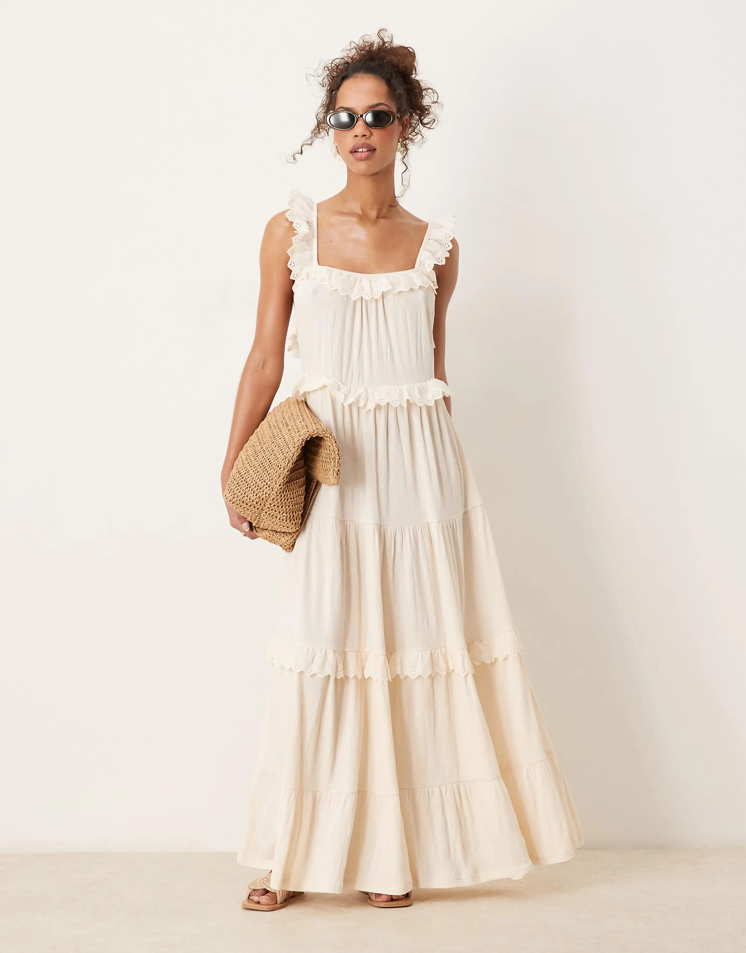 ASOS DESIGN lace insert ruffle tiered swing maxi dress in white