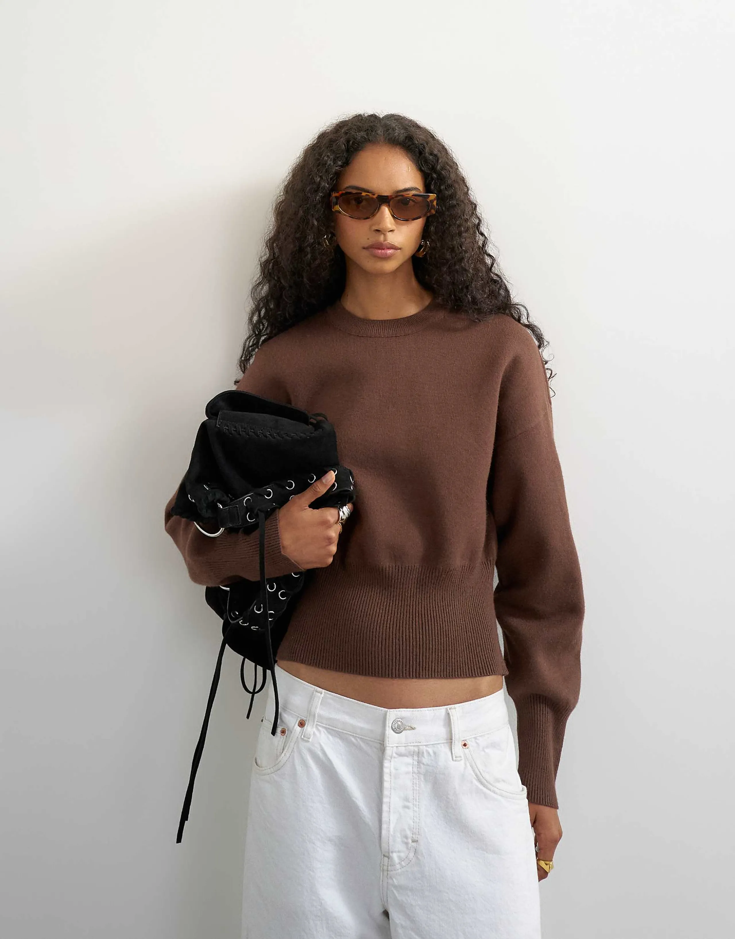 Topshop cinched waist batwing sleeve knit sweater in chocolate