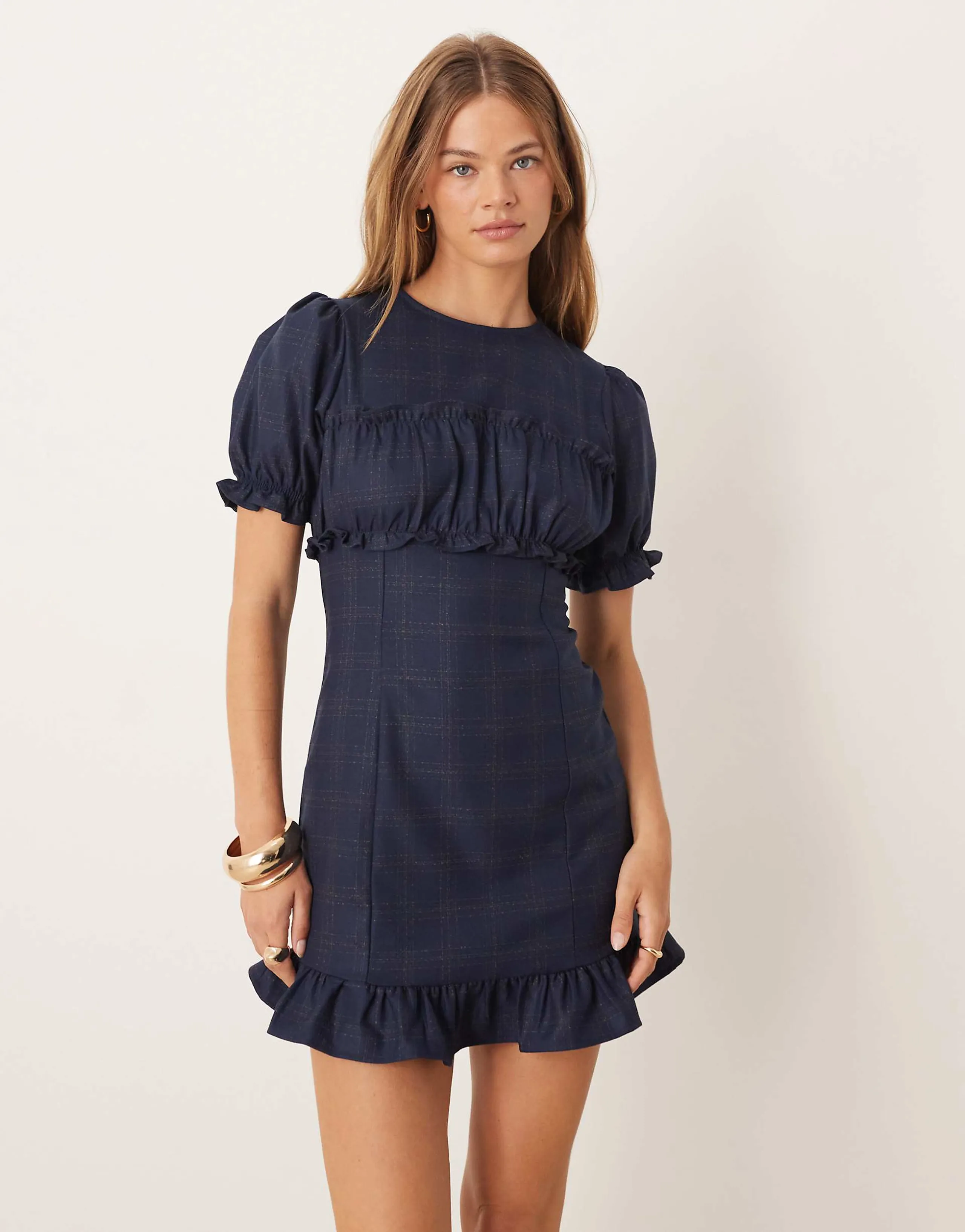 ASOS DESIGN short sleeve ruffle bust mini dress in navy plaid