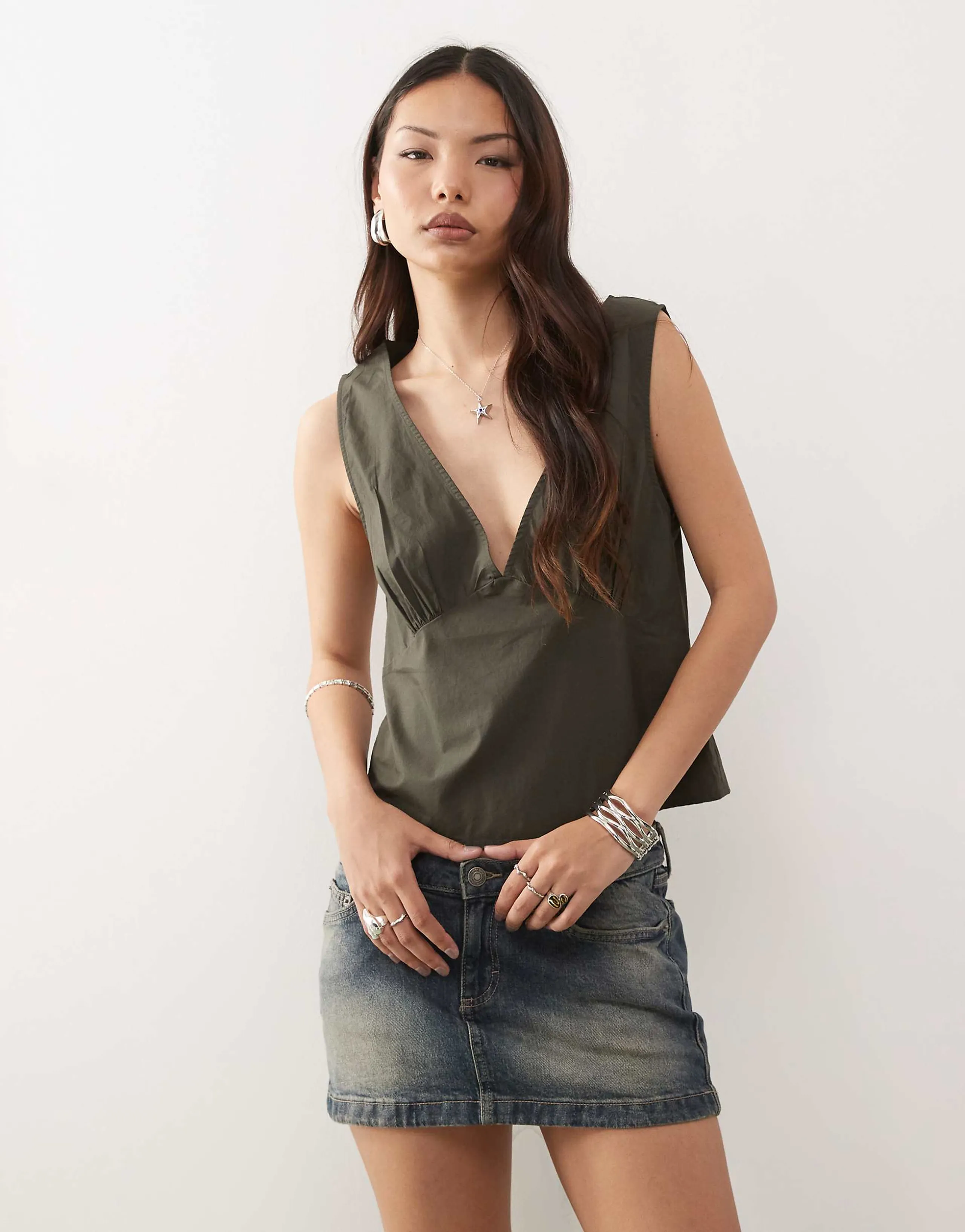 Weekday v neck top in off-black