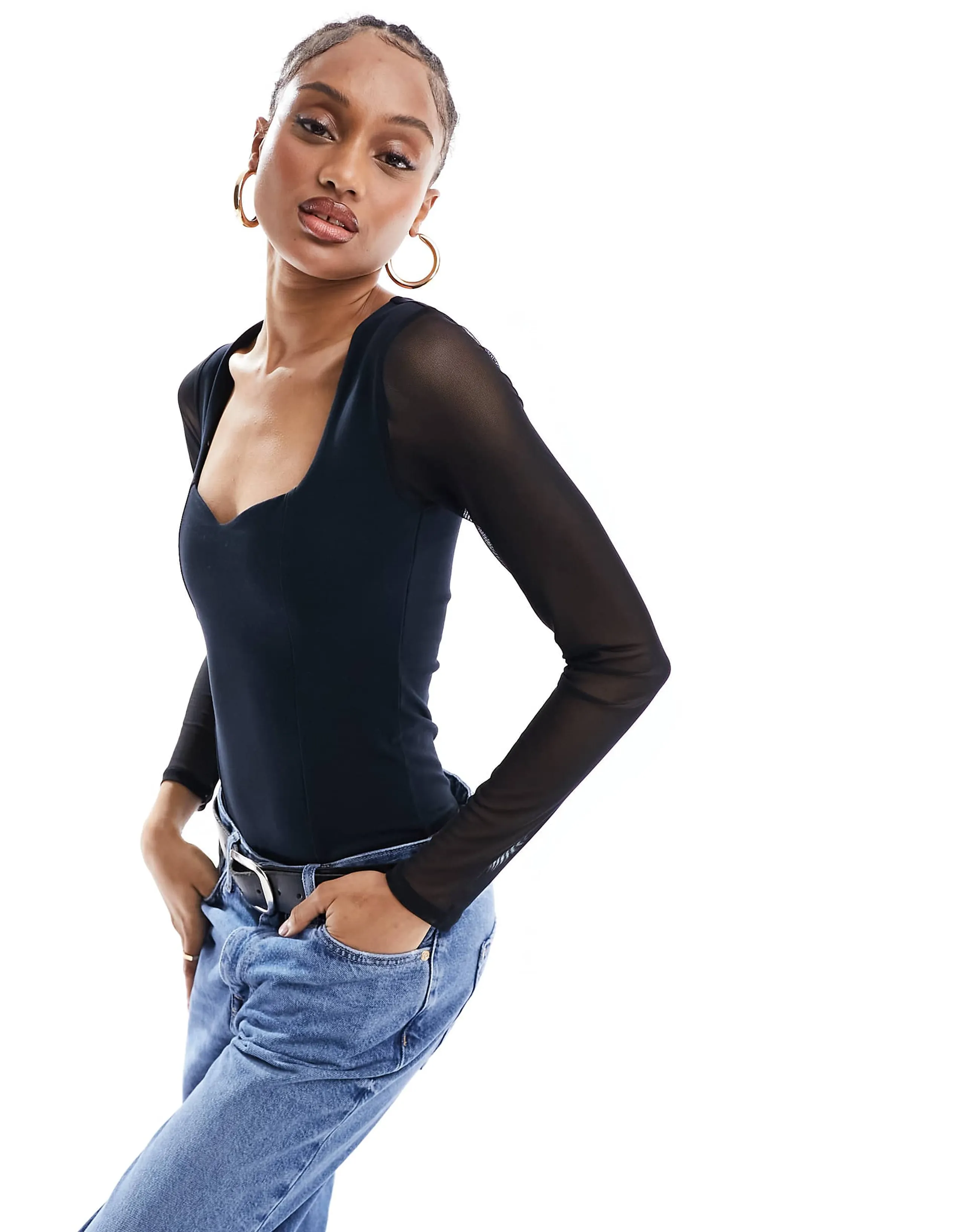 ASOS DESIGN Tall sweetheart neckline bodysuit with mesh sleeve in black