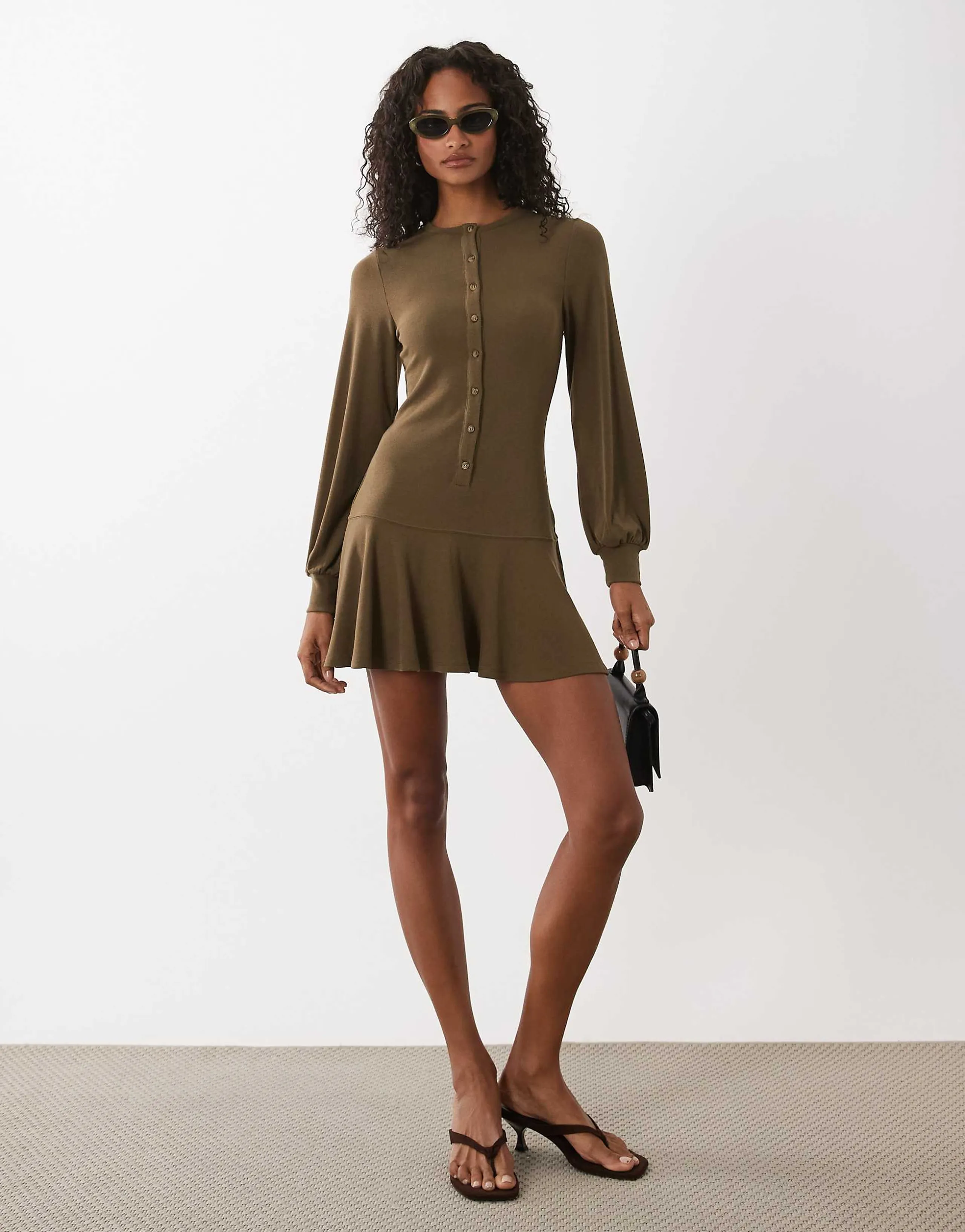 ASOS DESIGN drop waist button up mini dress in khaki