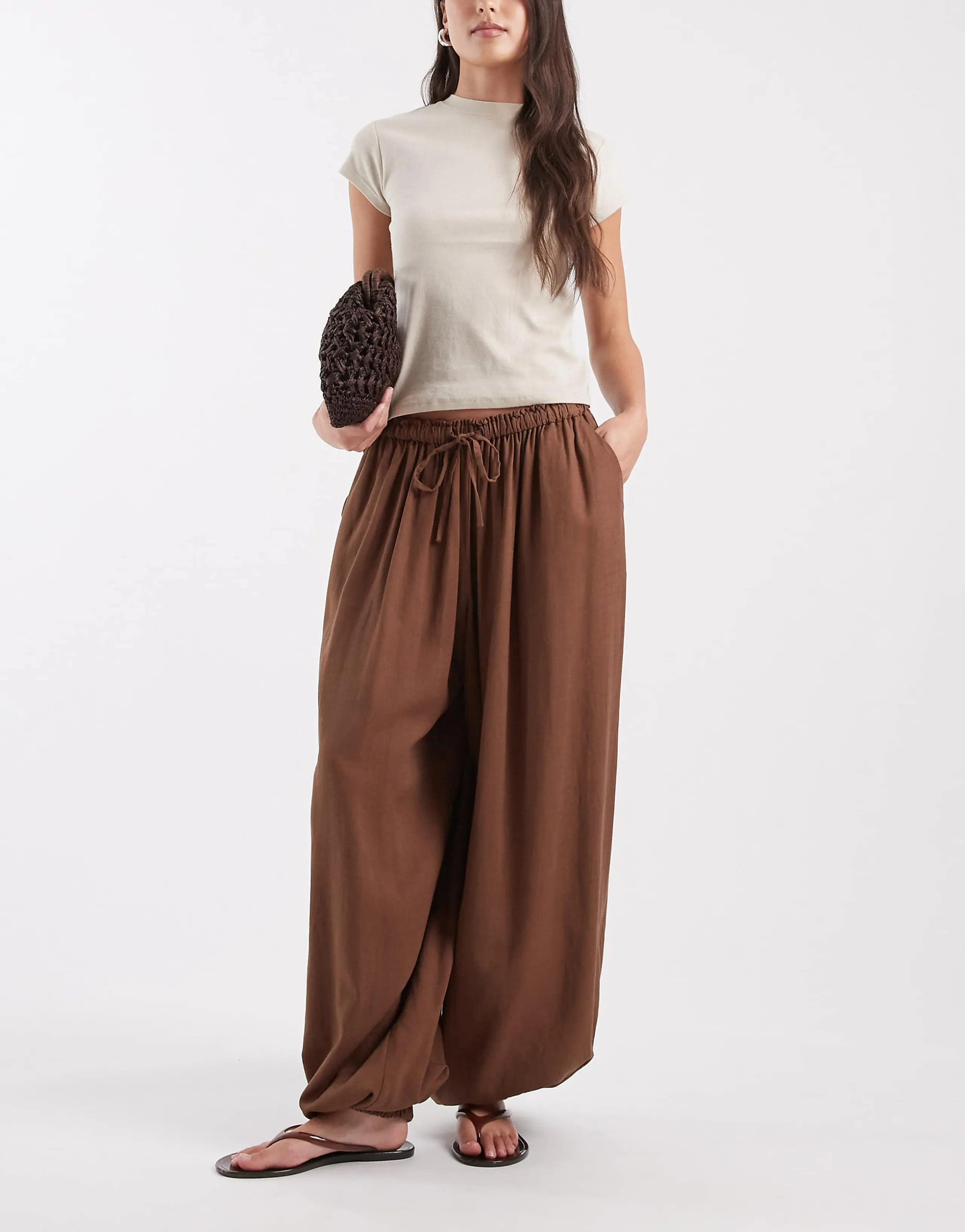 ASOS DESIGN pull on balloon pants in linen mix in chocolate