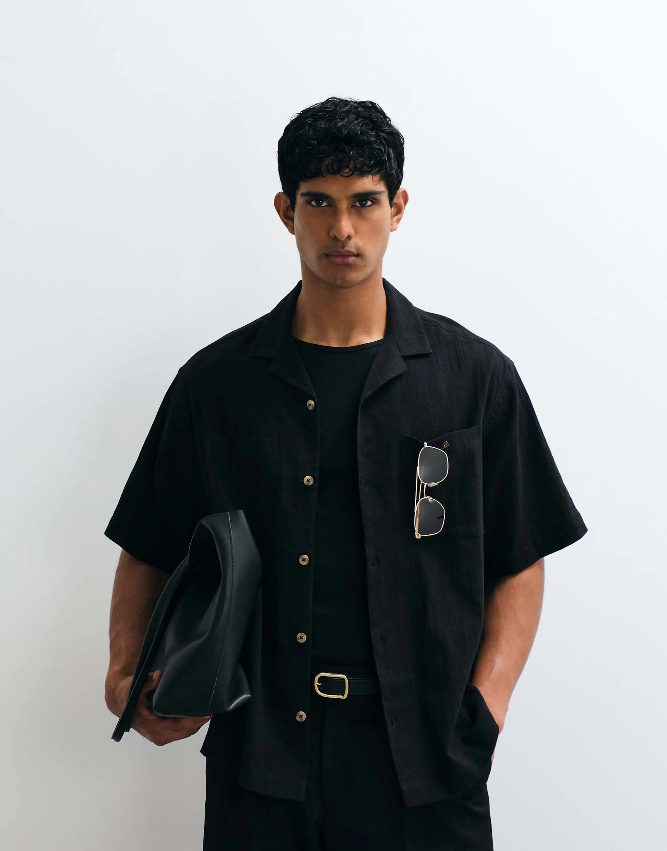 ASOS DESIGN oversized revere crinkle texture shirt in black