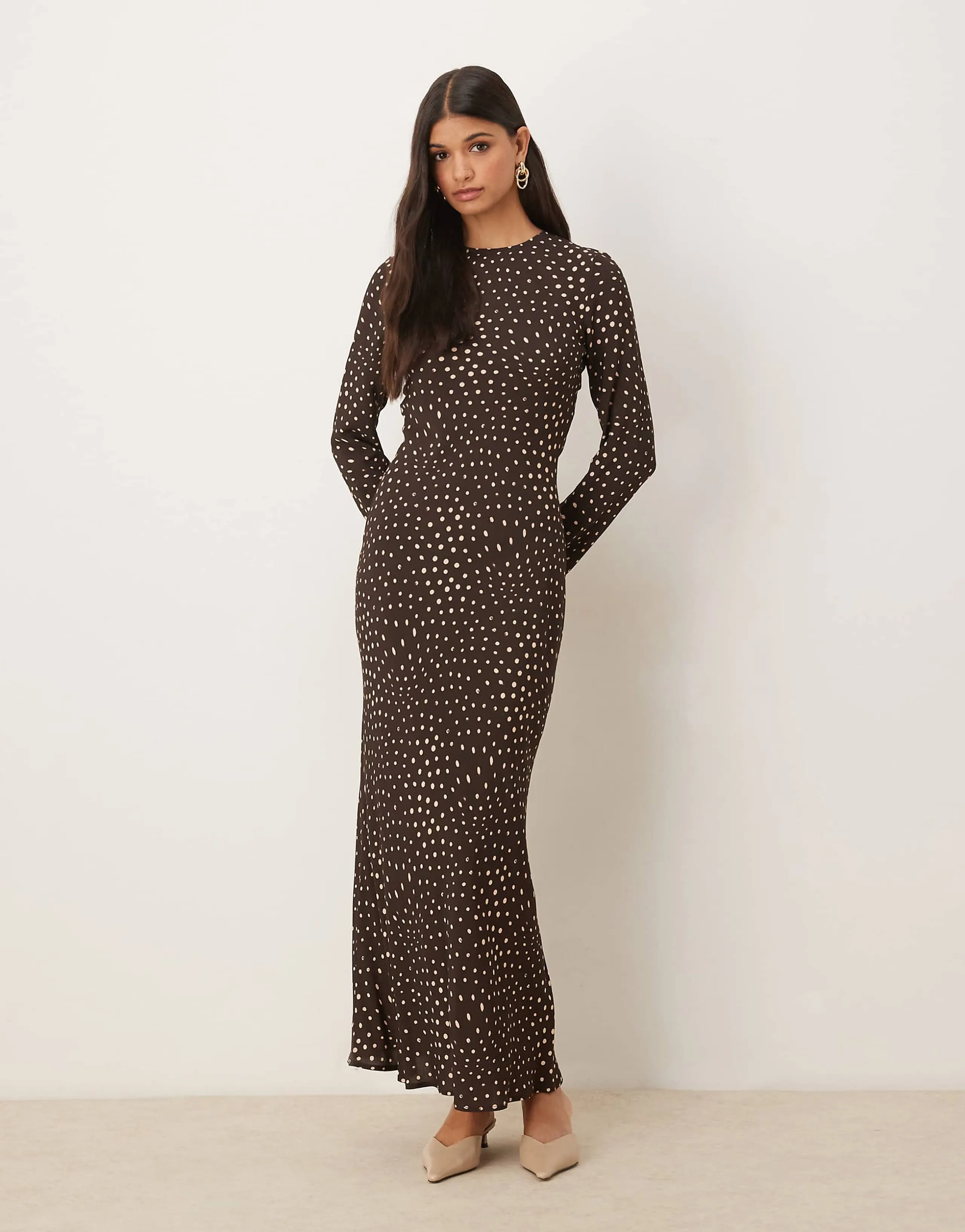 ASOS DESIGN crew neck long sleeve maxi dress in brown dot