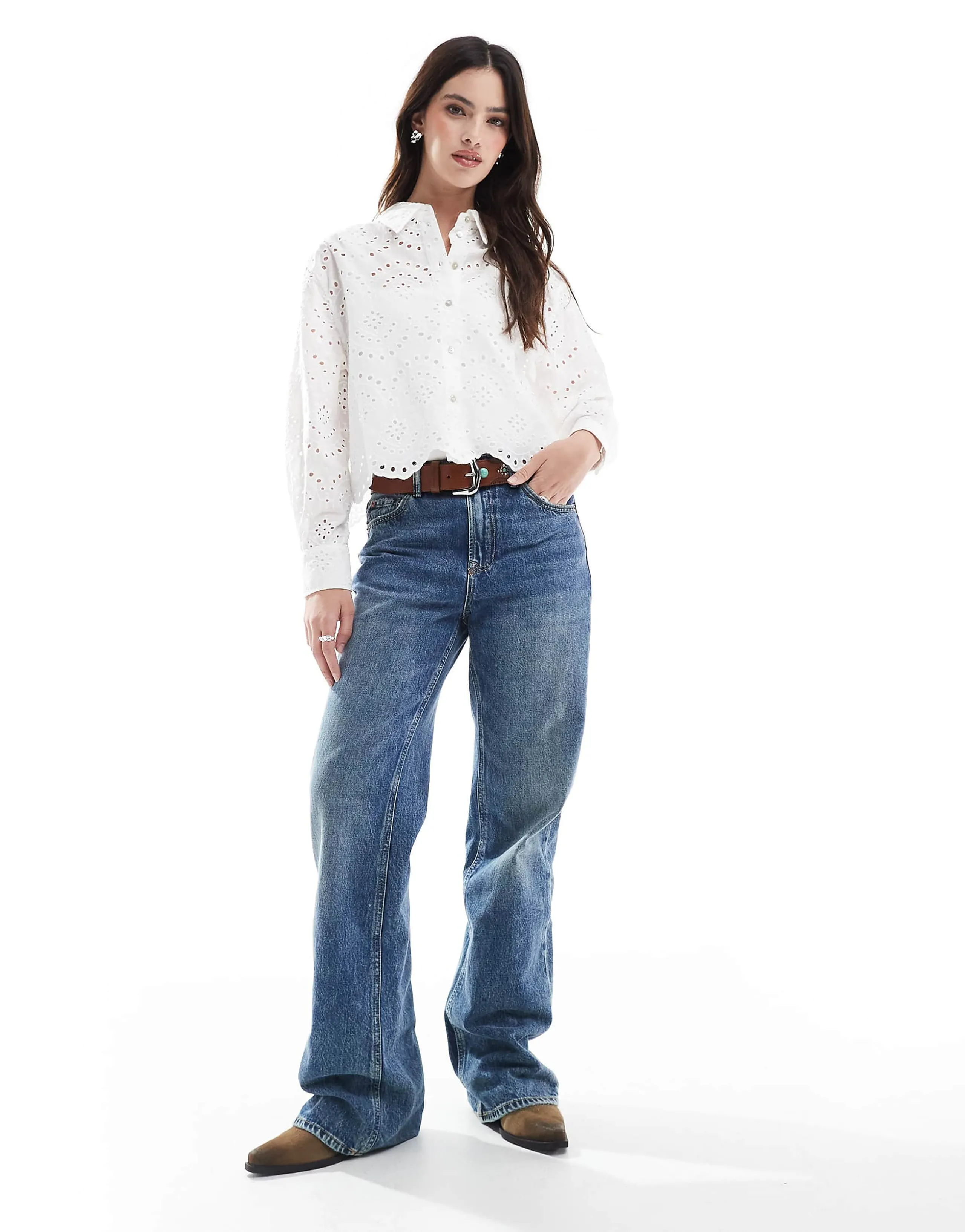 ONLY cropped pointelle shirt in white