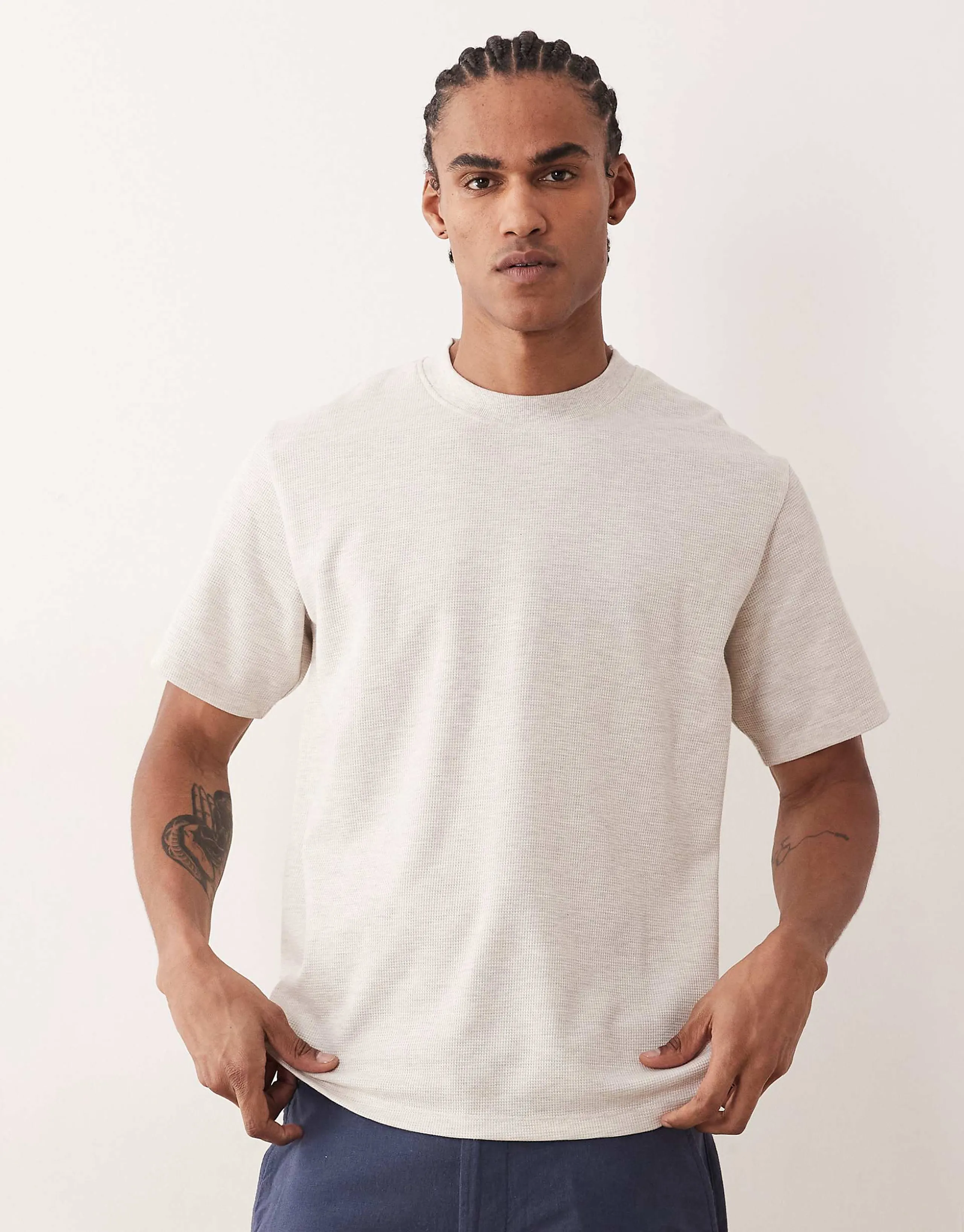Jack & Jones waffle knit t-shirt in off white