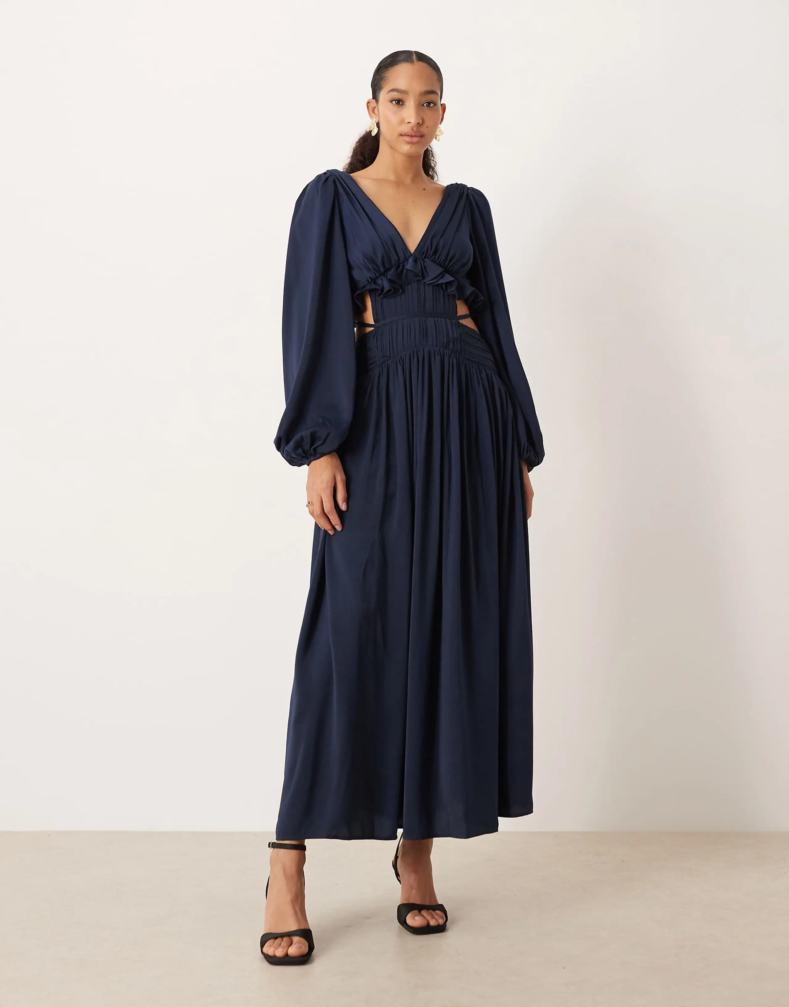 ASOS DESIGN plunge neck cut out satin midaxi dress in navy