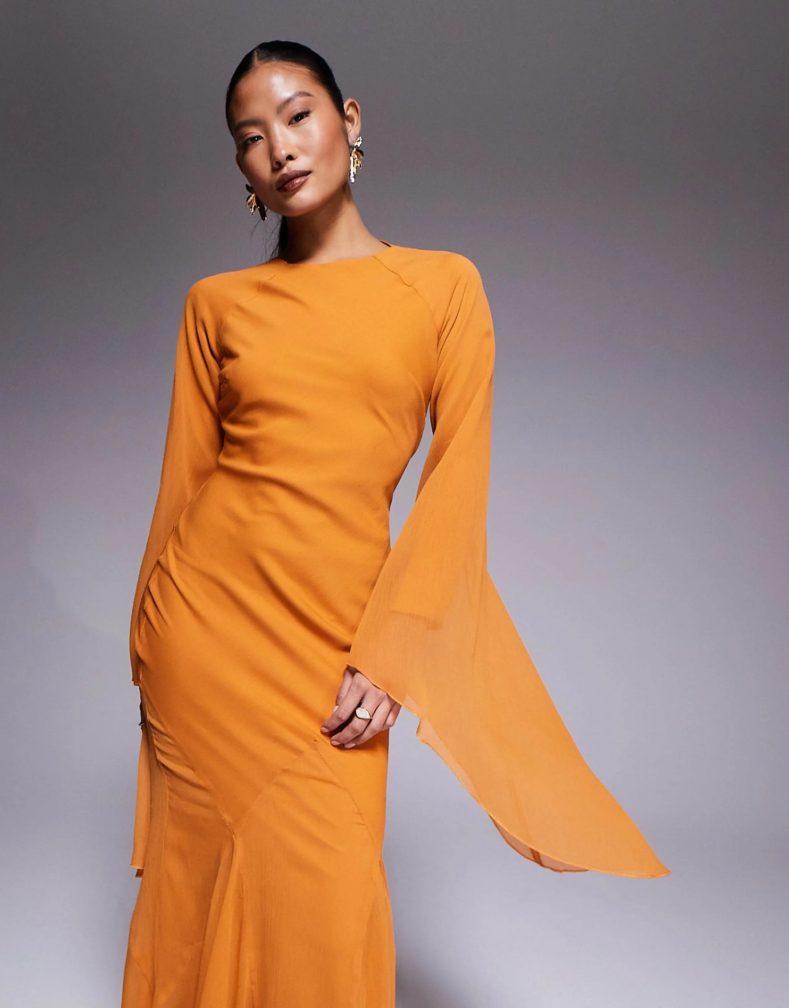 ASOS DESIGN Petite extreme ruffle sleeves maxi dress with godet inserts skirt in burnt peach