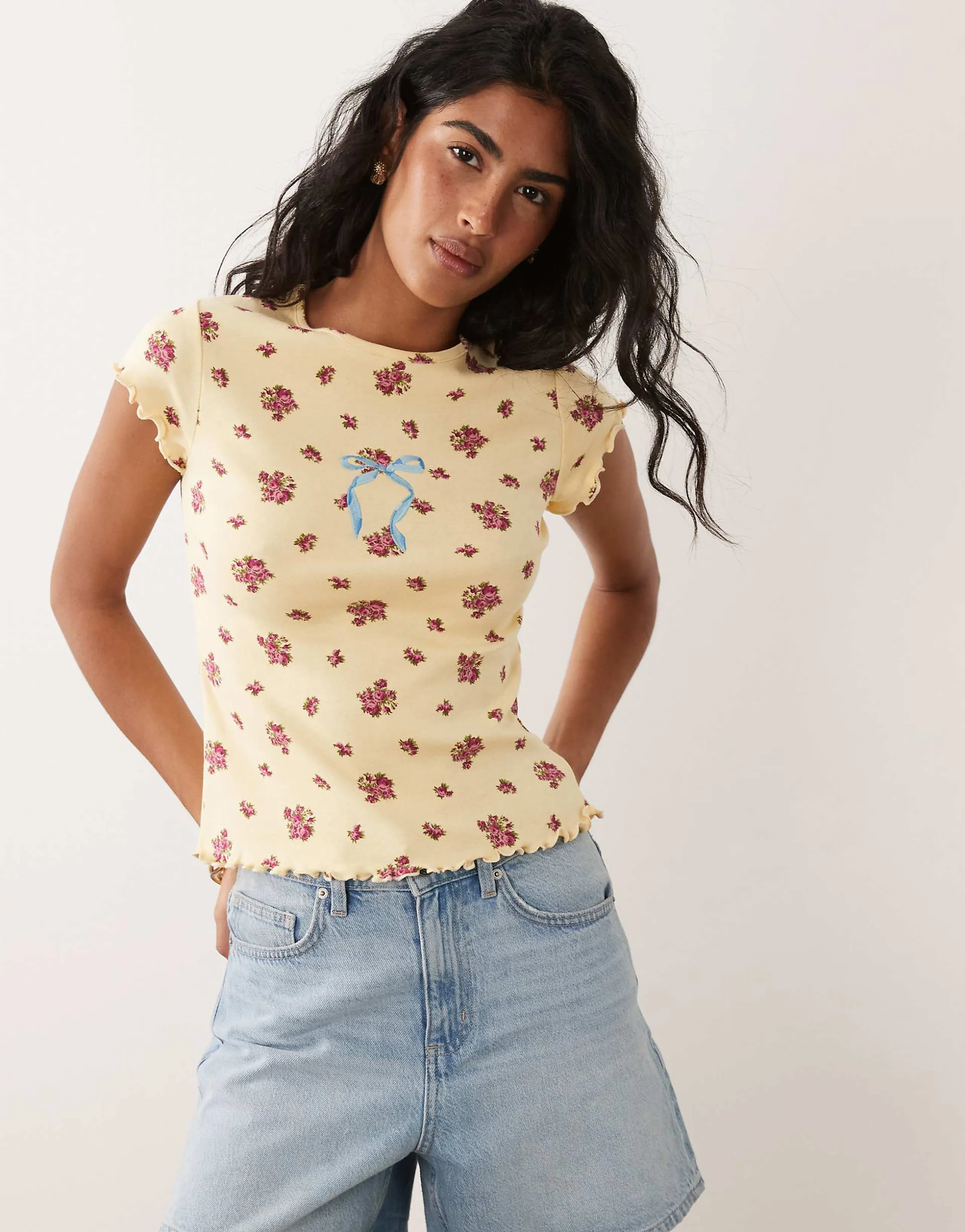 Miss Selfridge ribbed baby tee in buttermilk floral print
