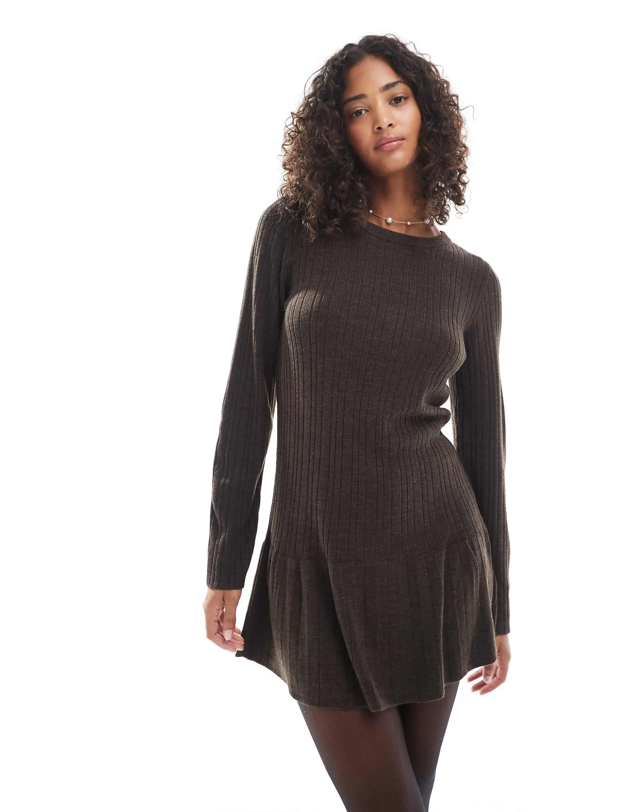 ONLY dropped hem knit mini dress in chocolate brown
