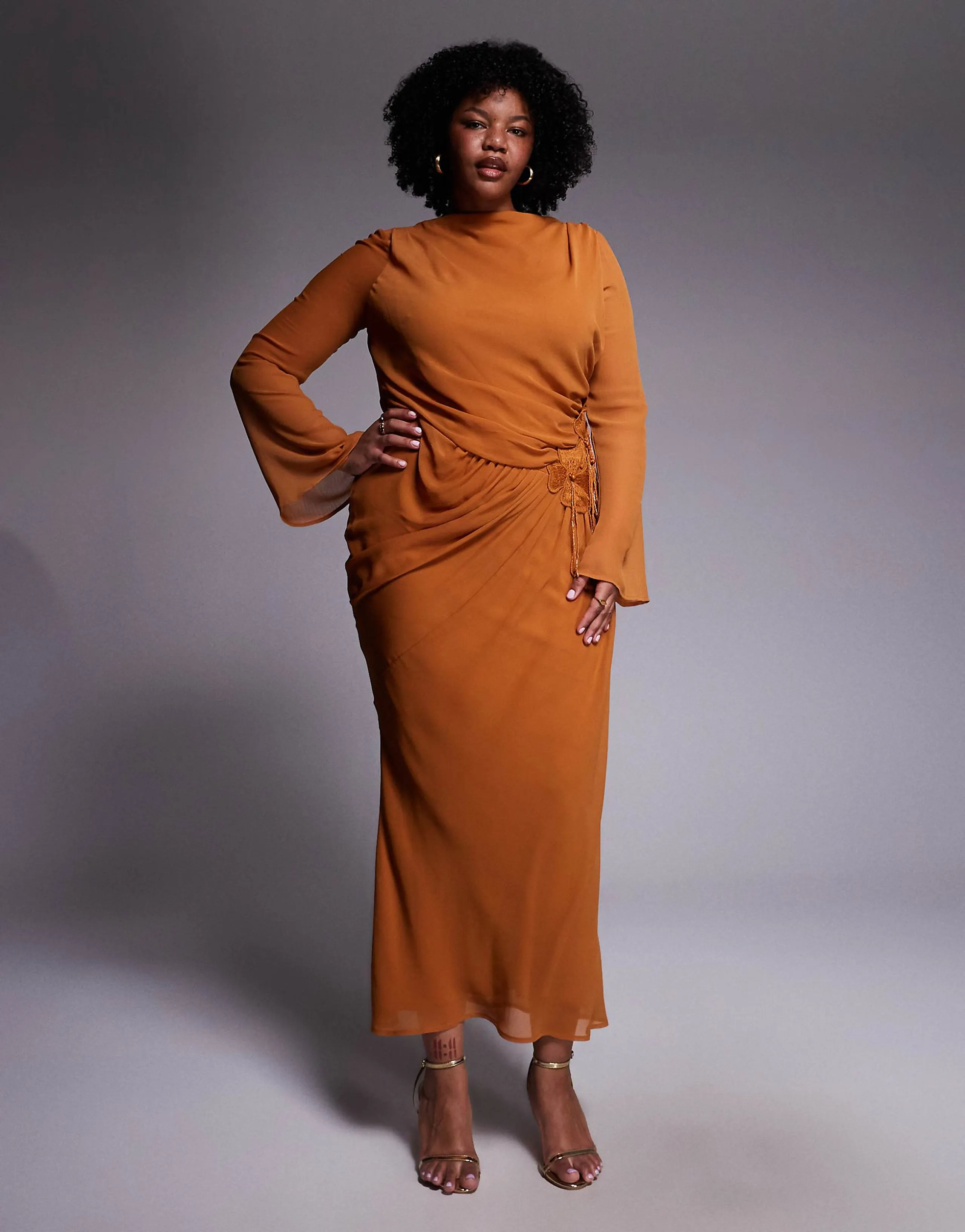 ASOS DESIGN Curve chiffon maxi dress with 3D embroidered flower hip detail in orange