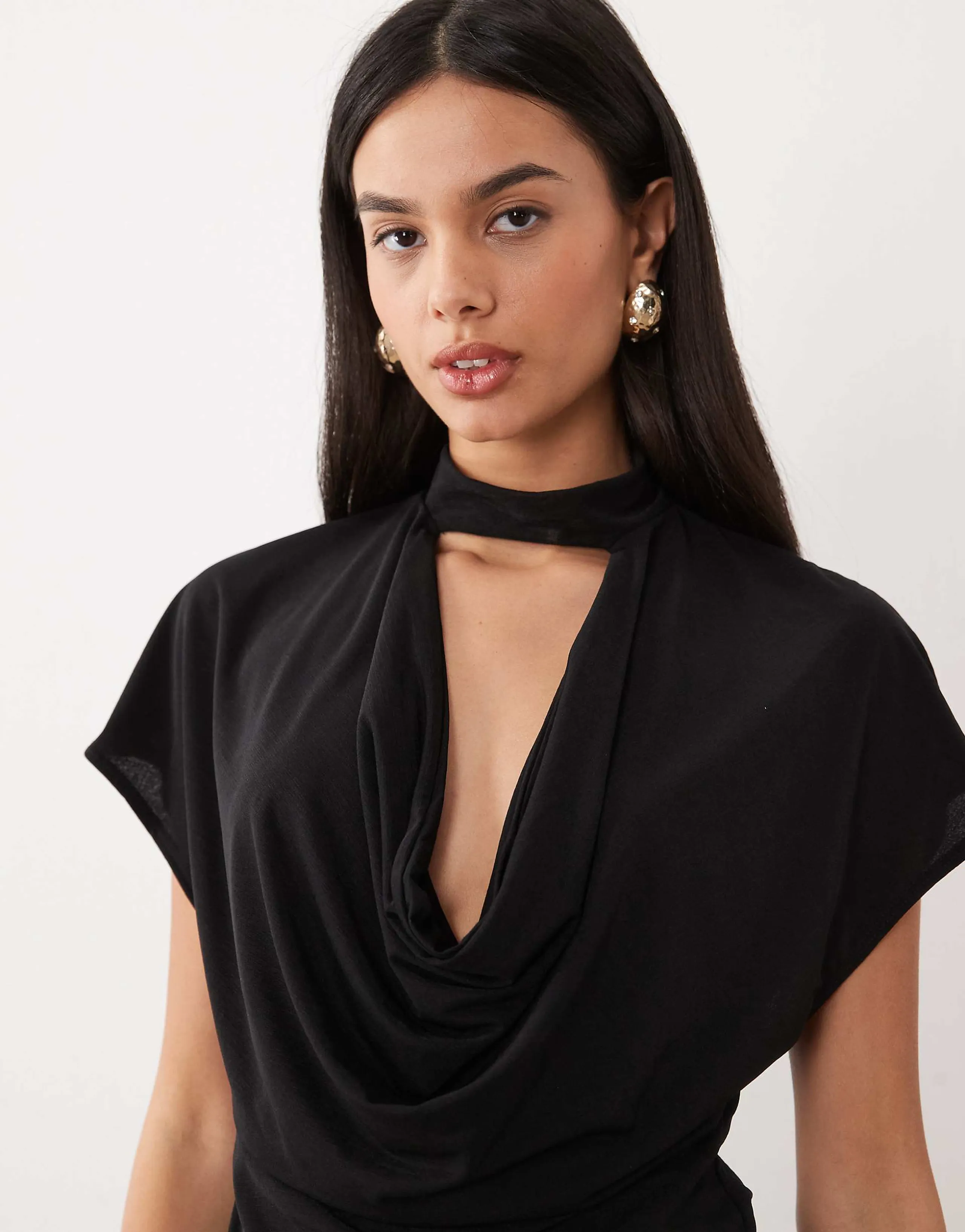 ASOS DESIGN semi sheer deep cowl neck top in black
