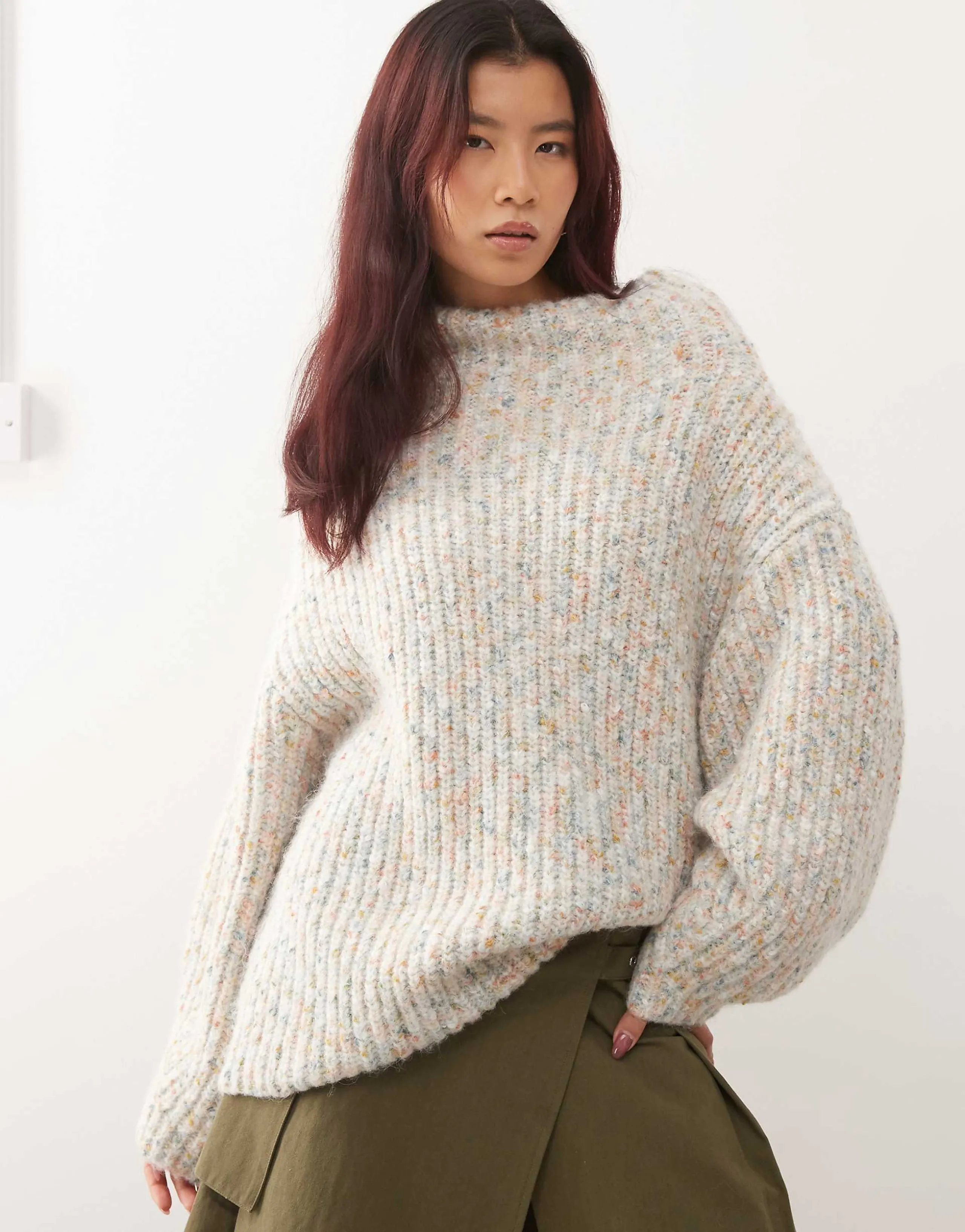 Monki chunky knit turtle neck sweater in flecked peach multi