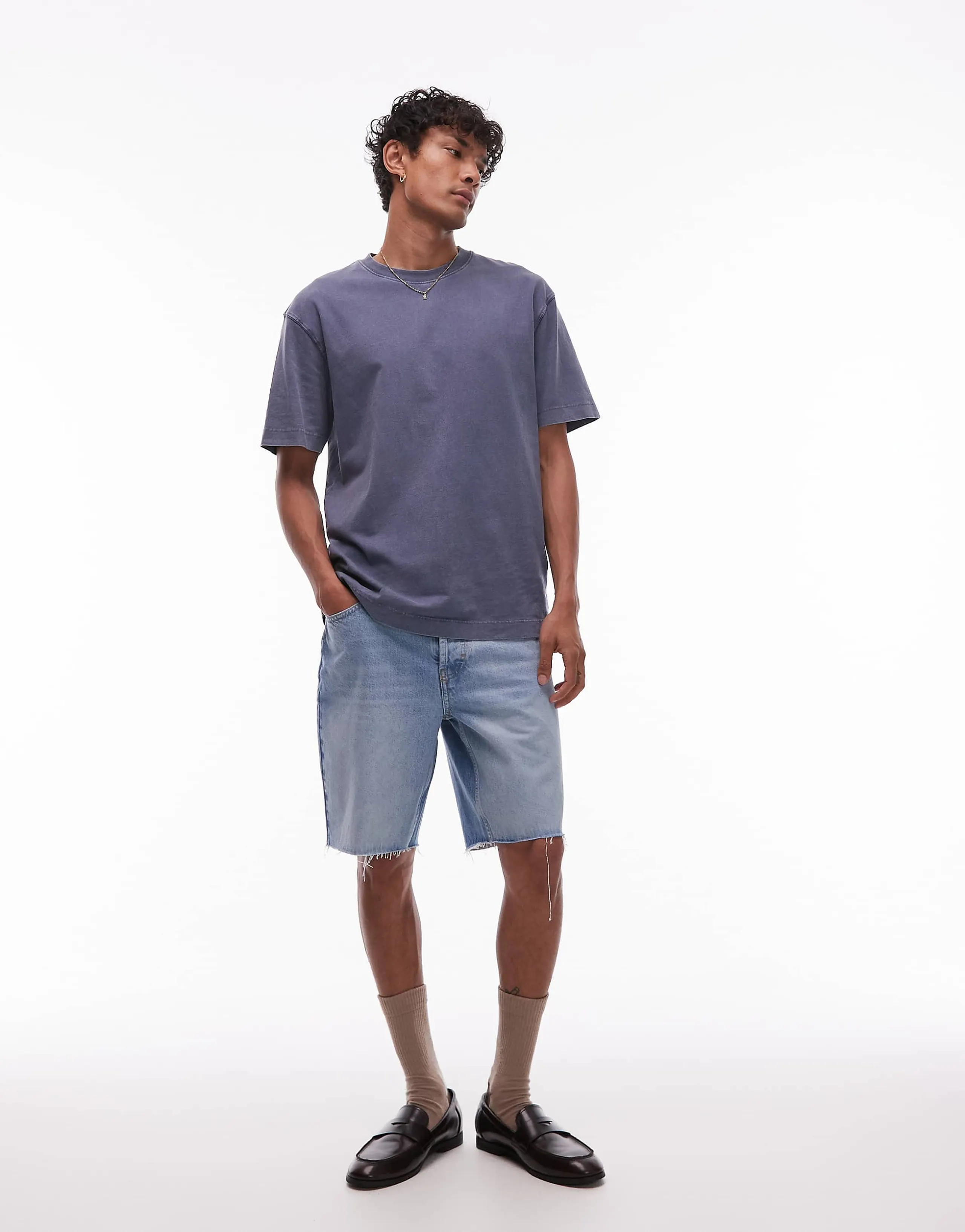 Topman denim straight leg shorts with raw hem in light wash blue