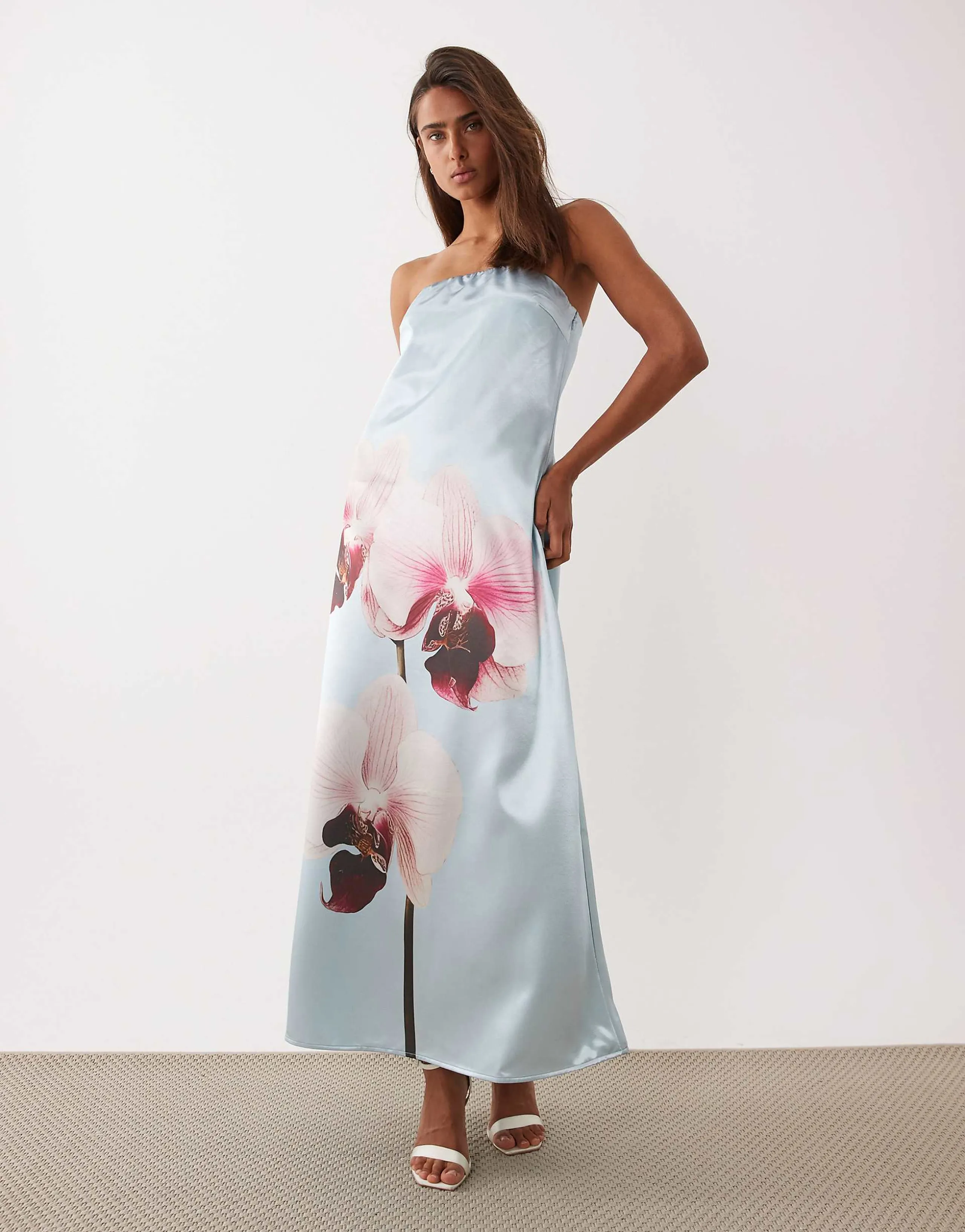 YAS placement orchid print strapless satin maxi dress in pale blue