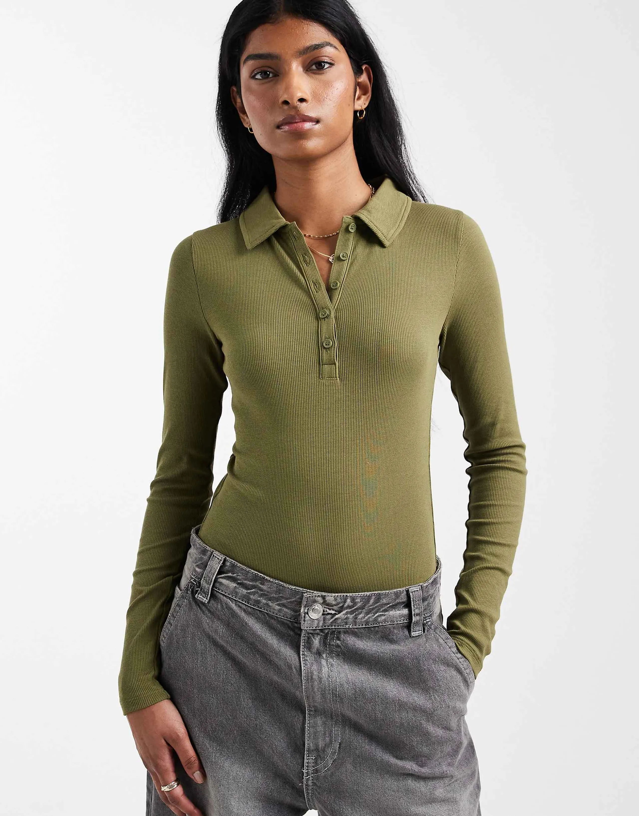 Miss Selfridge button detailing polo bodysuit in olive