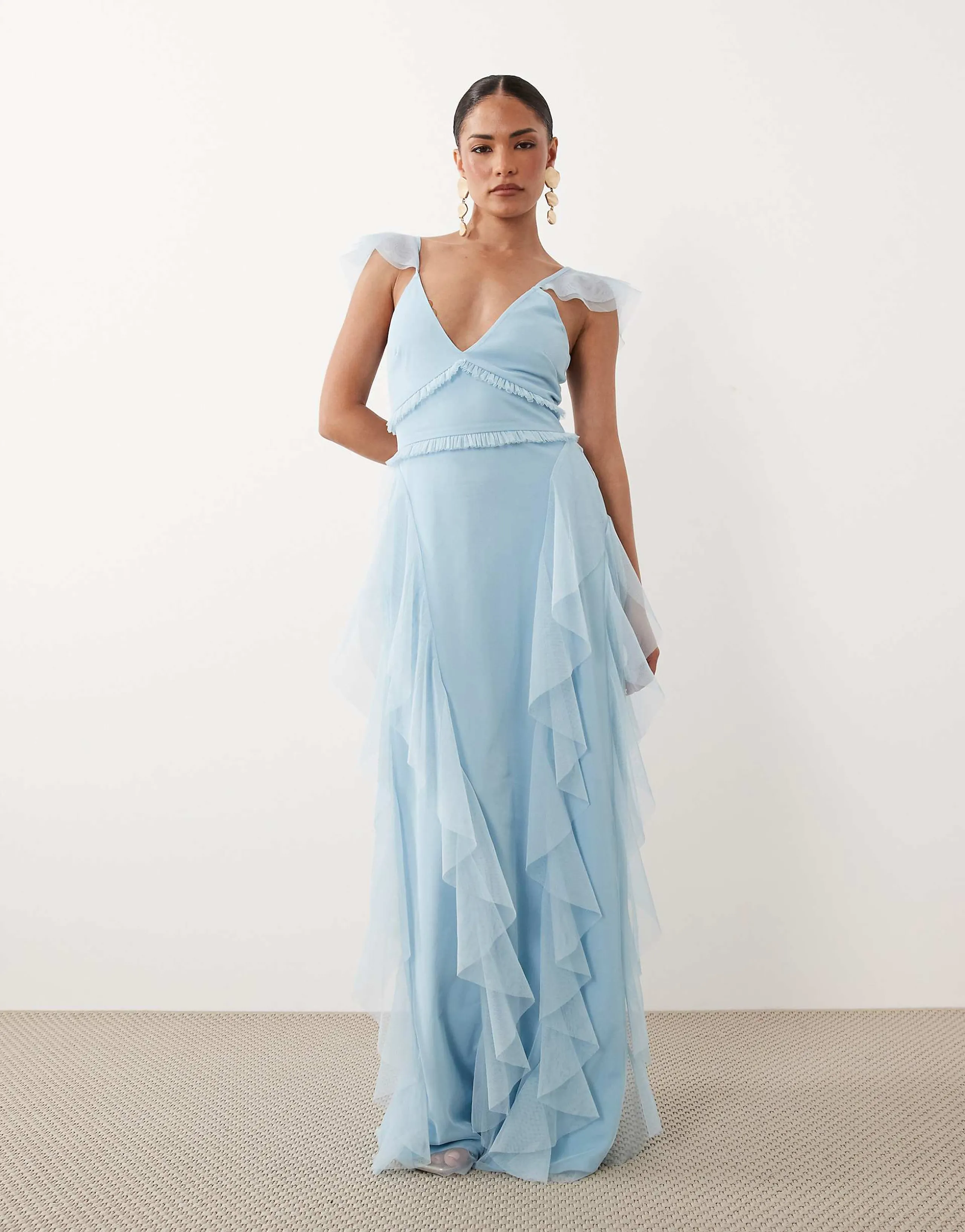Lace & Beads Petite tulle flutter sleeve ruffle maxi dress in baby blue