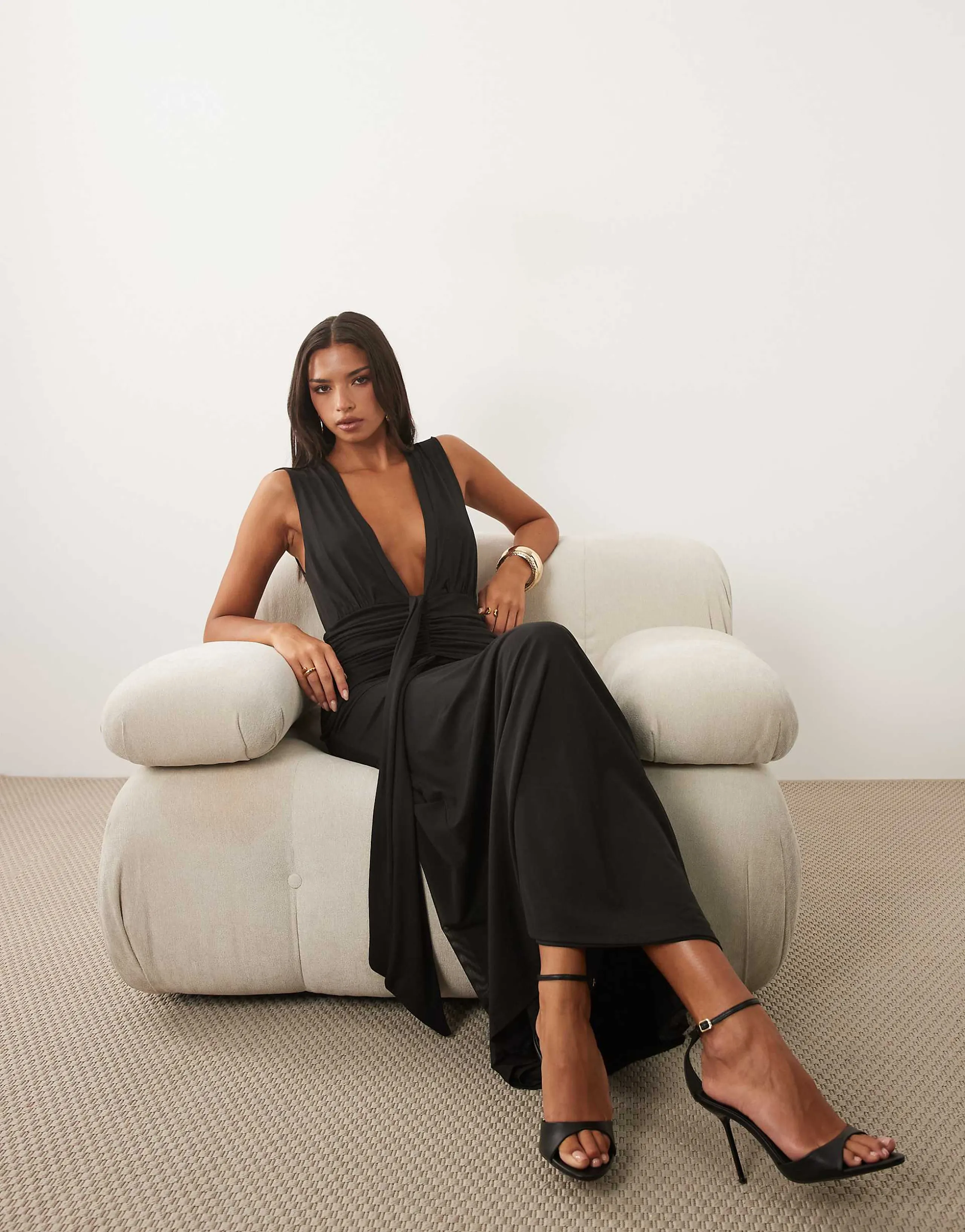 ASOS DESIGN mesh deep v neck maxi dress with waist wrap detail in black