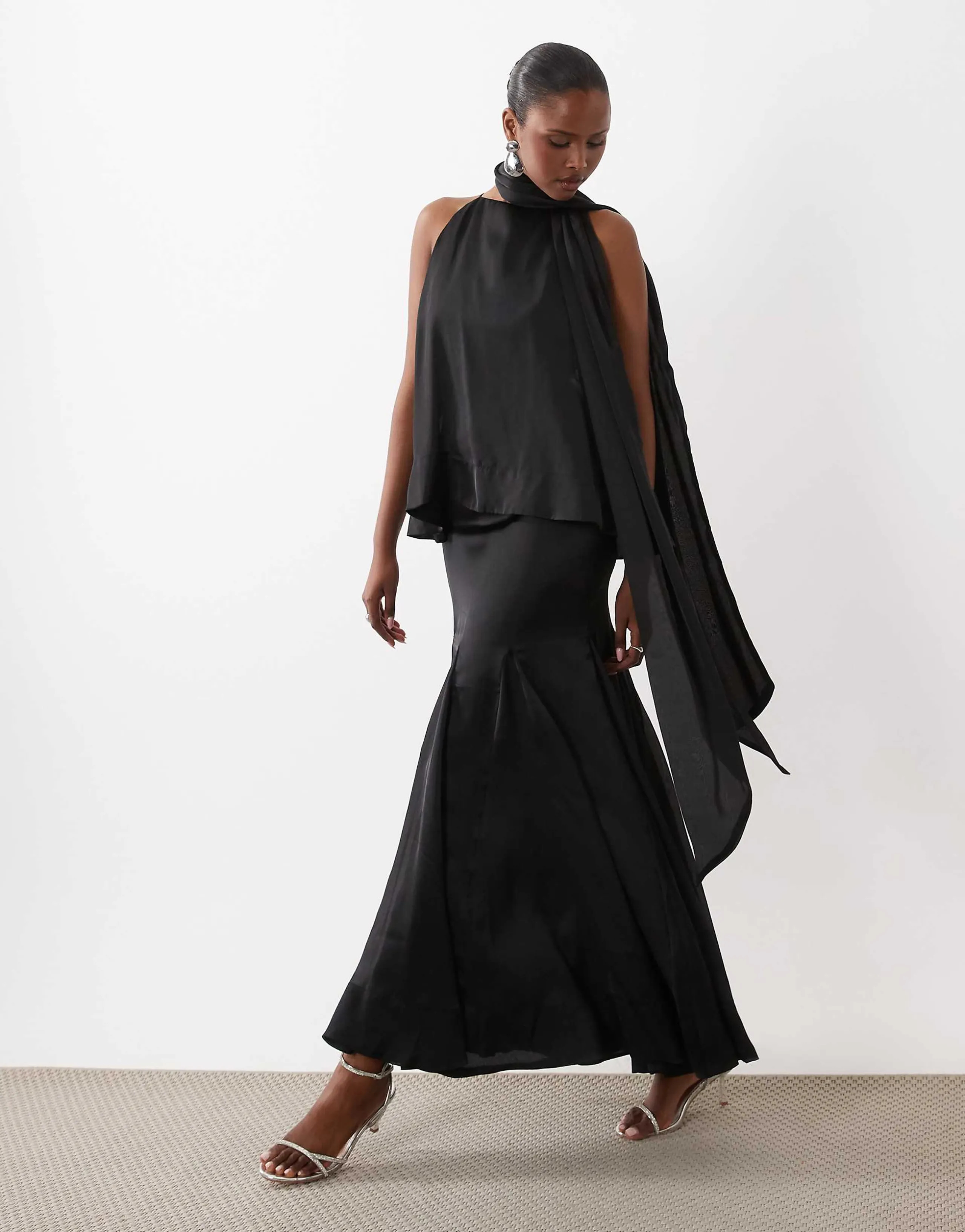 ASOS DESIGN layered tiered cami maxi dress with scarf detail in black