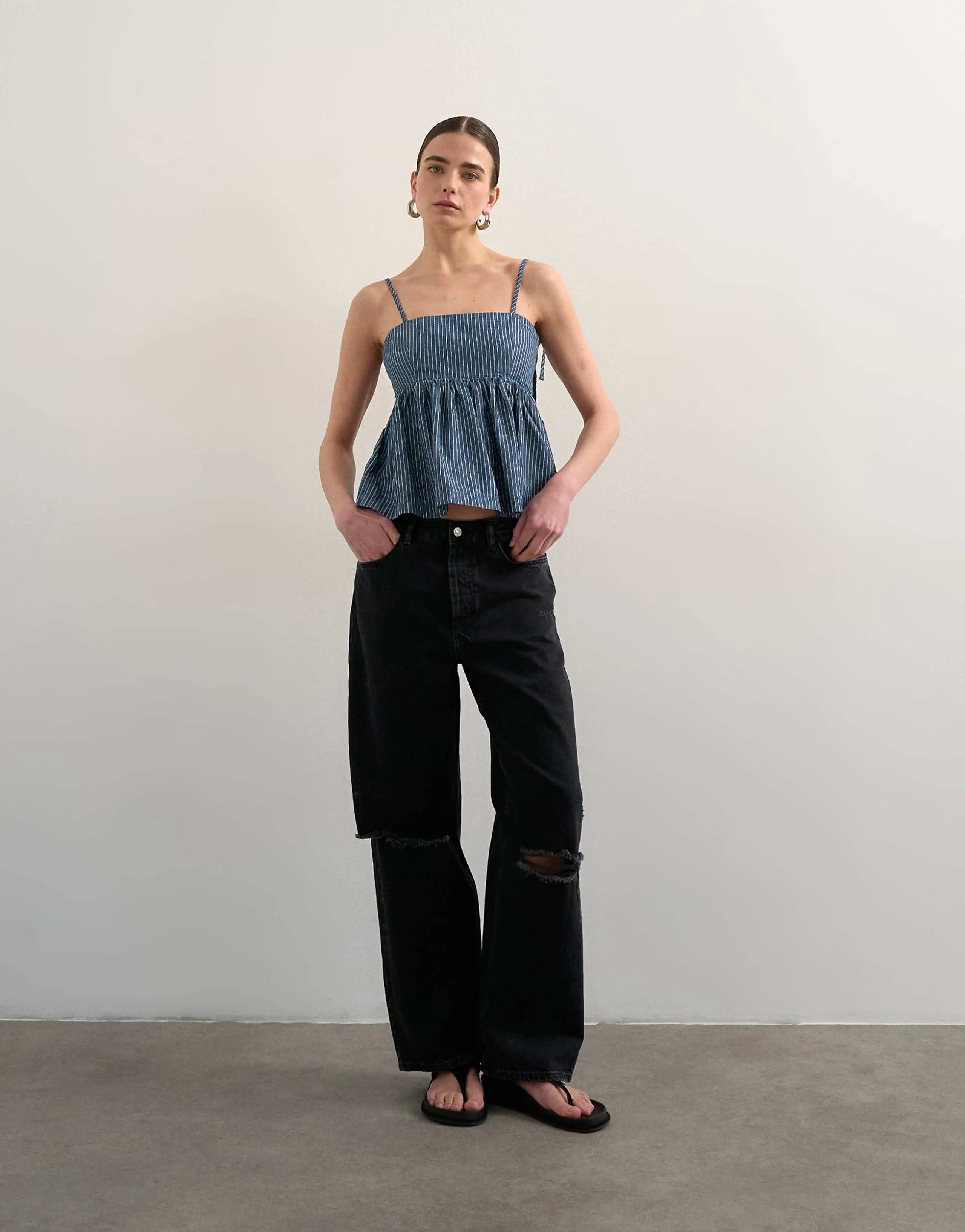 Topshop denim strappy cami top in blue stripes