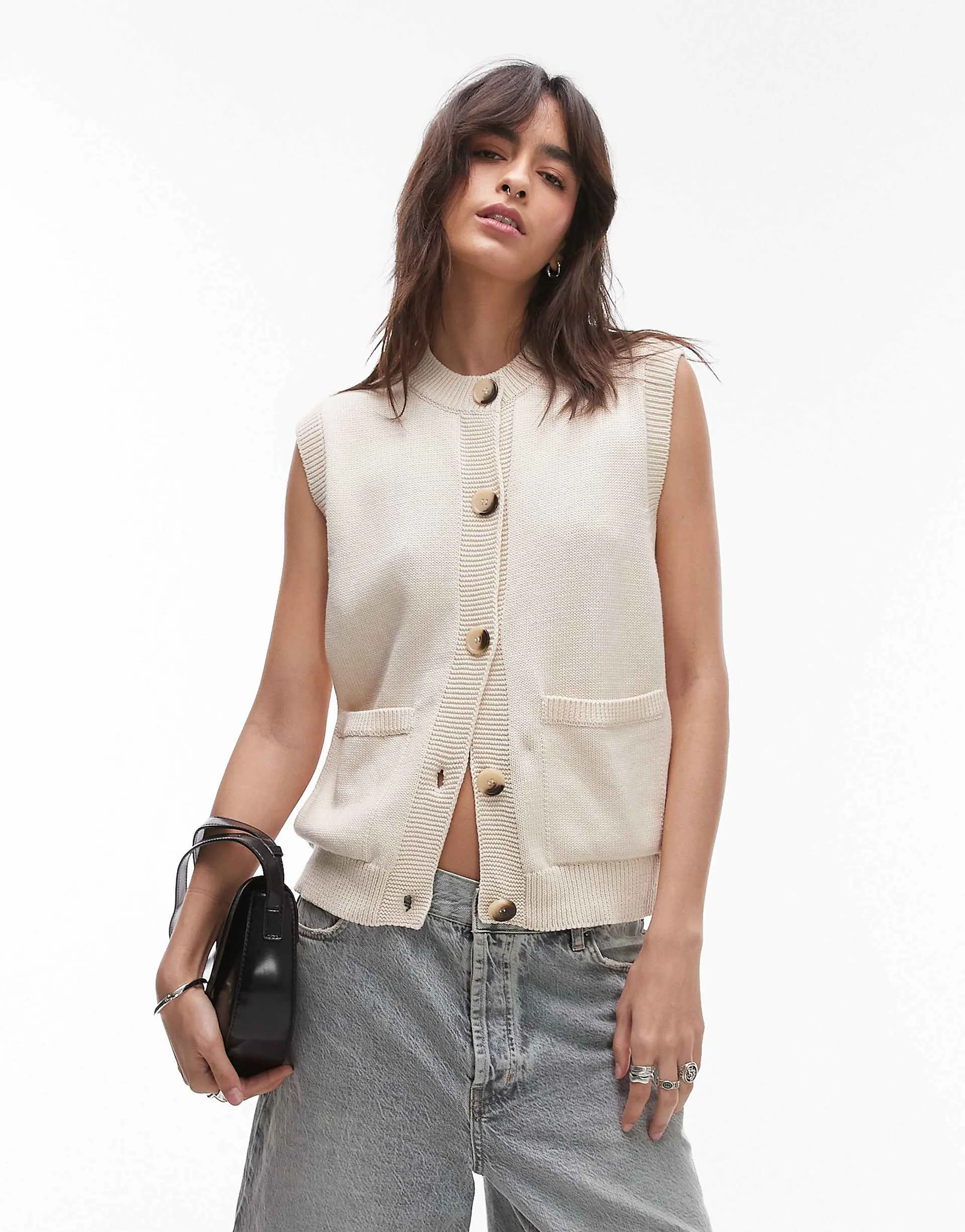 Topshop knit open stitch button down tank top in cream