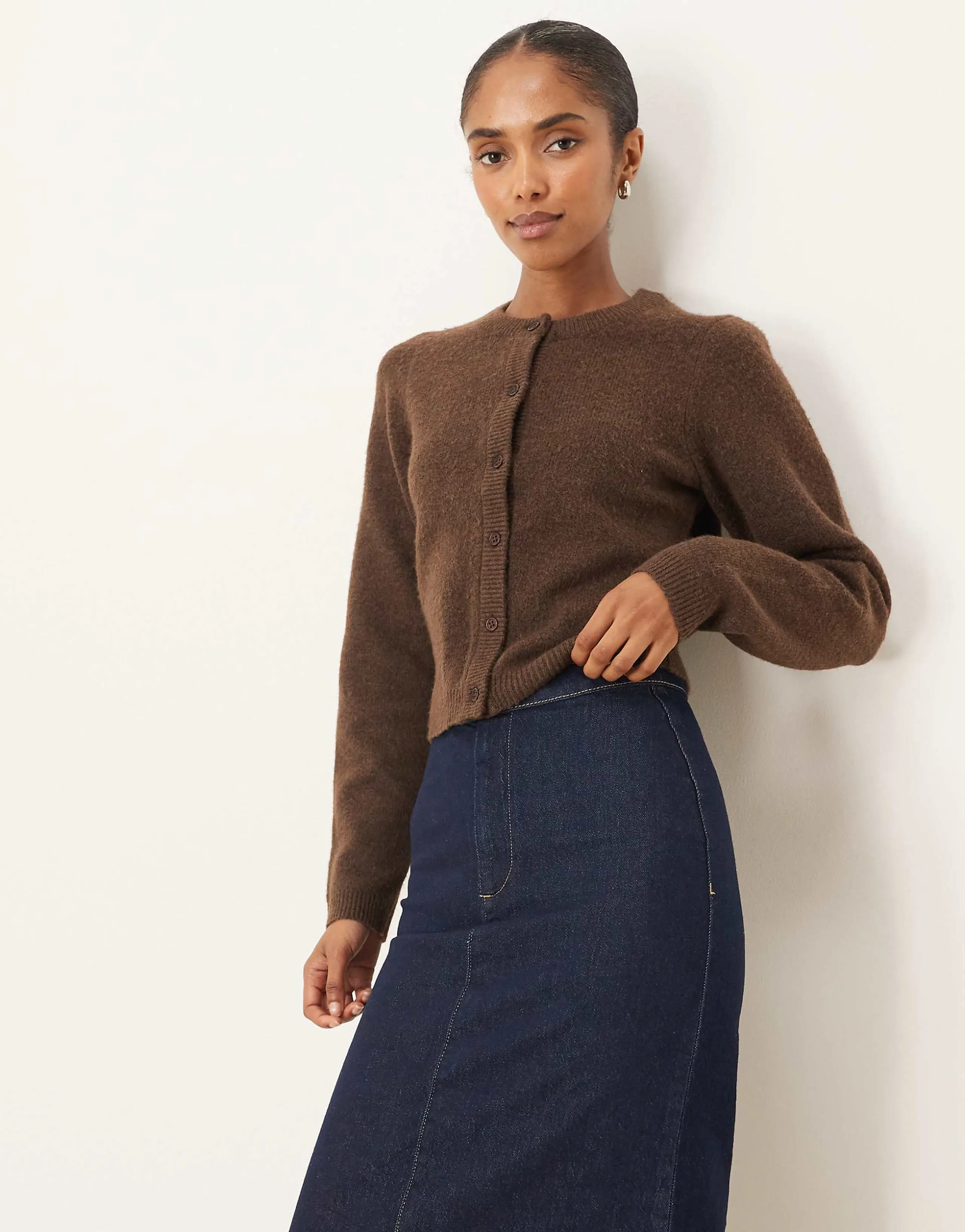 Brave Soul crew neck soft touch cardigan in brown