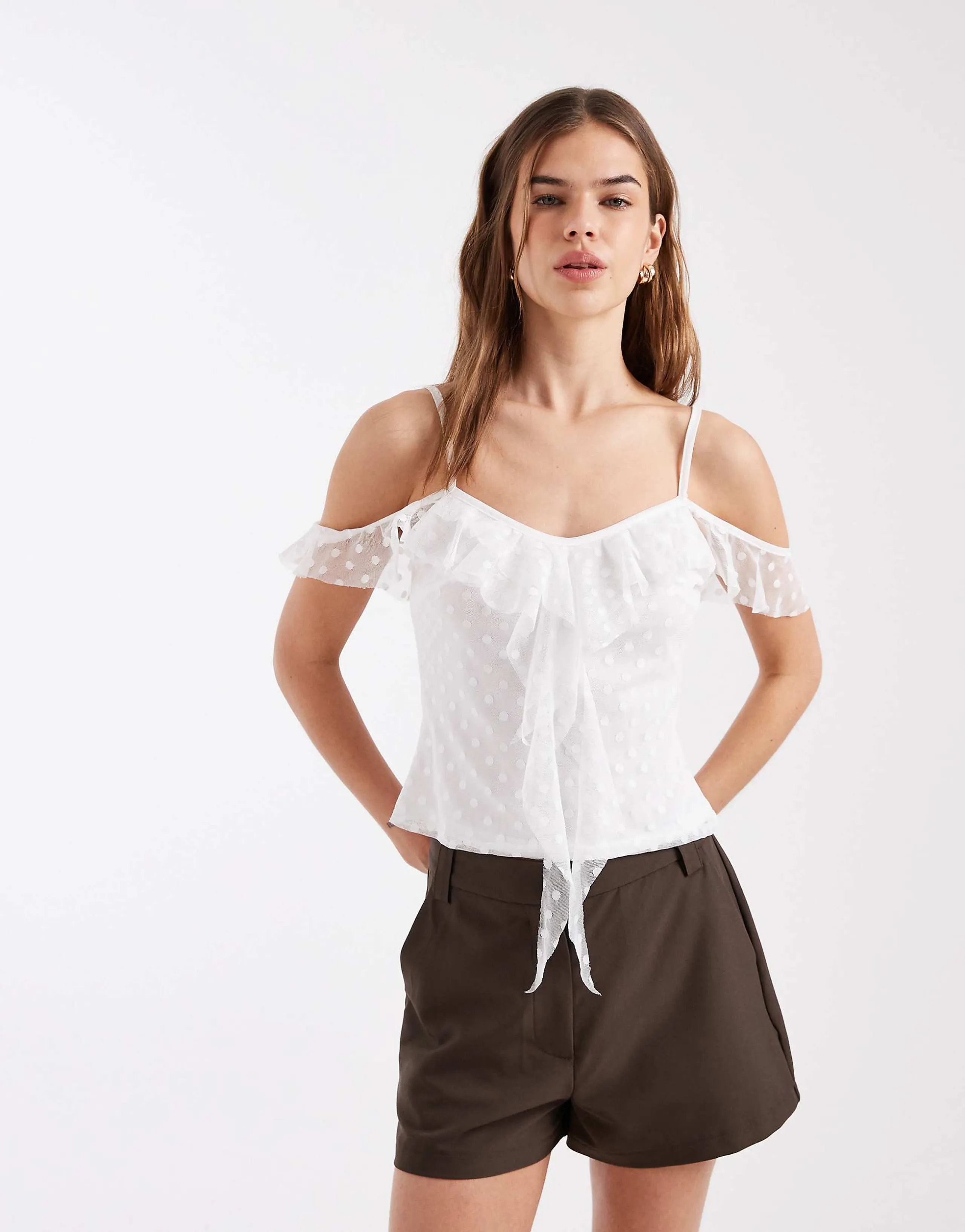 Miss Selfridge ruffle front cold shoulder top in cream polka dots