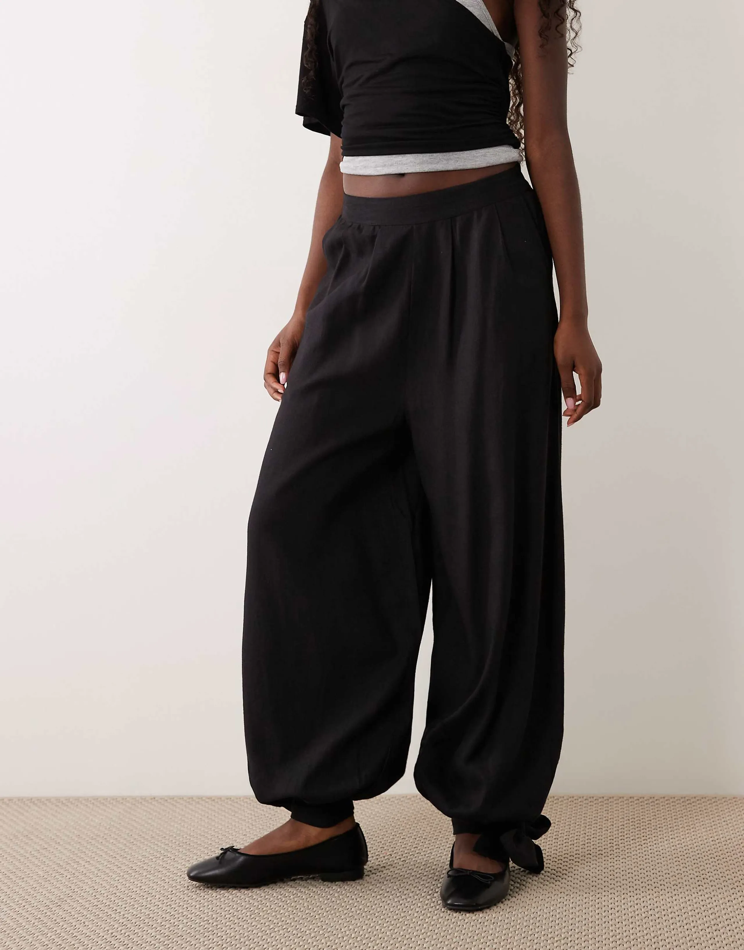 ASOS DESIGN linen blend balloon pants in black - part of a set