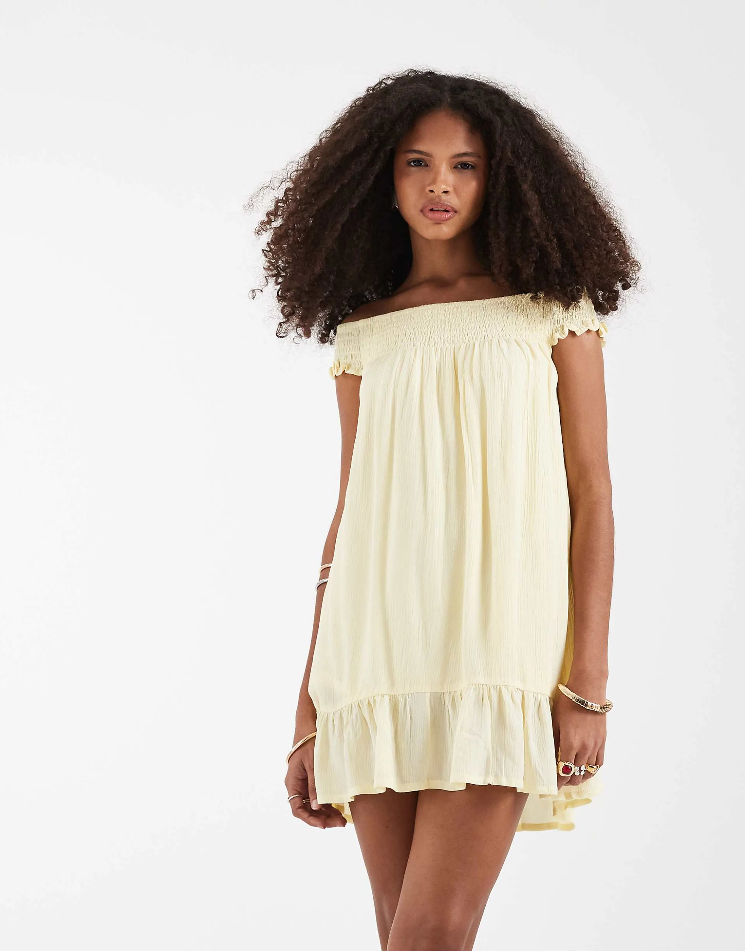 Motel Panasi crinkle off shoulder floaty mini dress in butter yellow