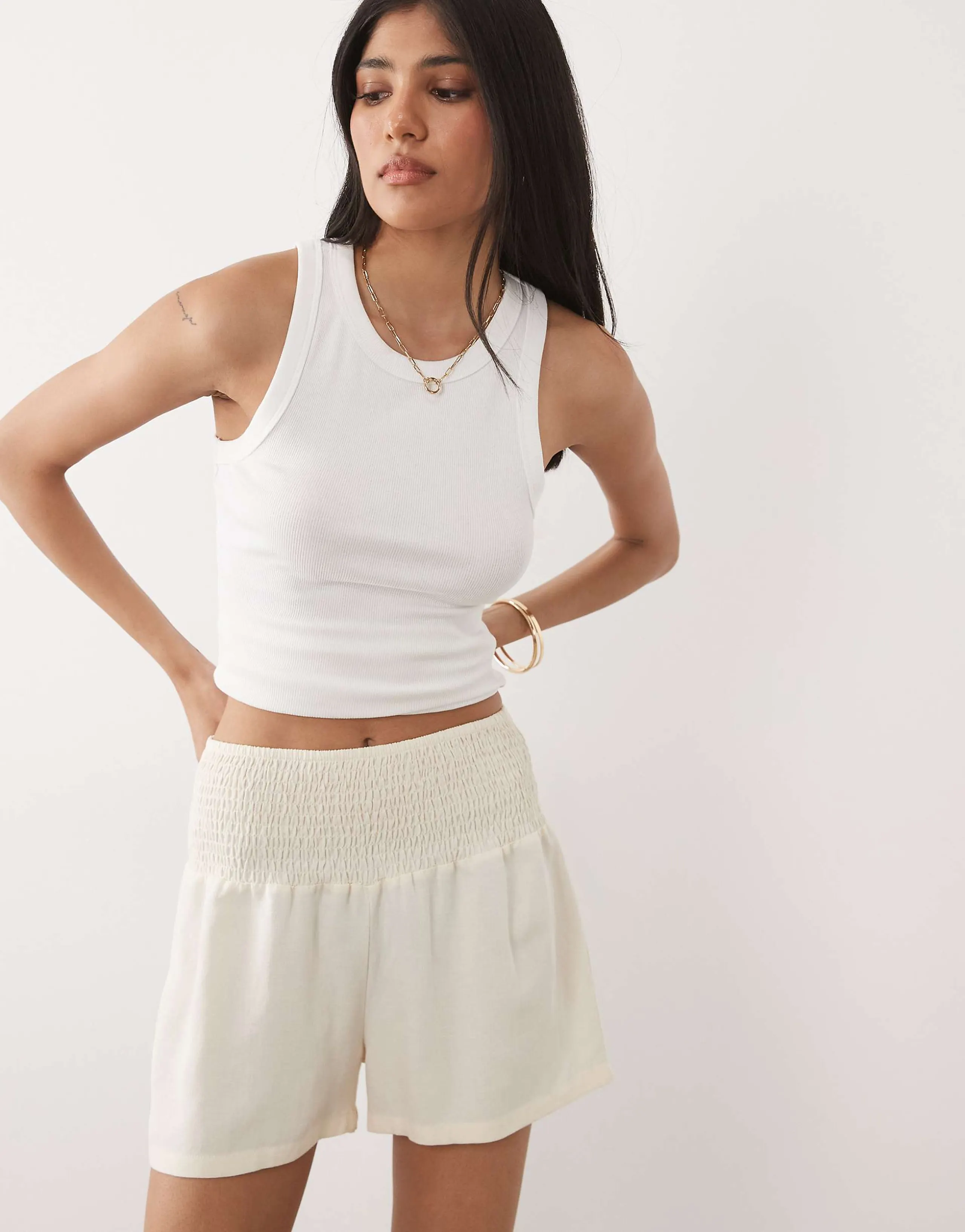ASOS DESIGN linen blend shirred waist shorts in ivory