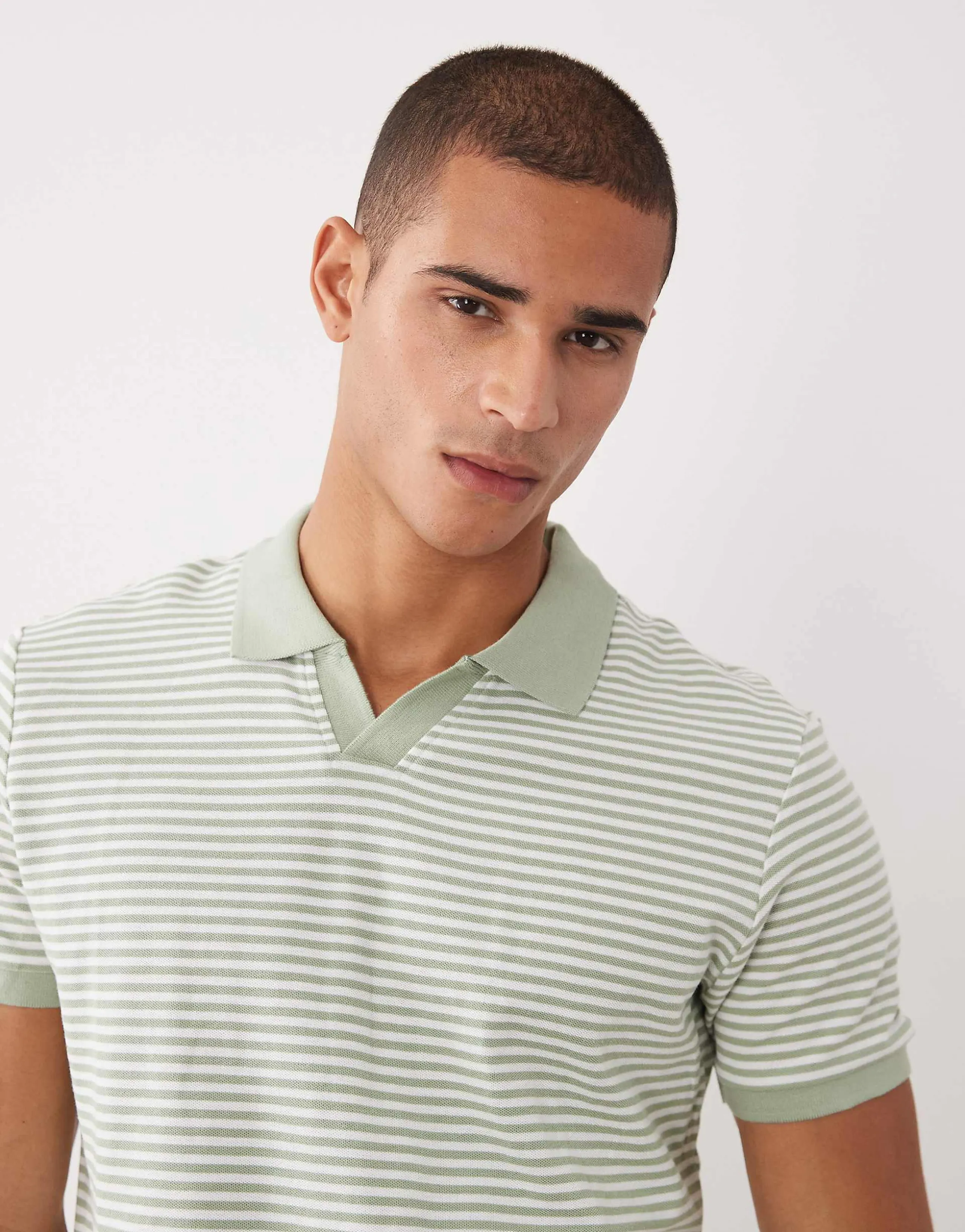 Threadbare short sleeve knit polo top in sage green and white stripes