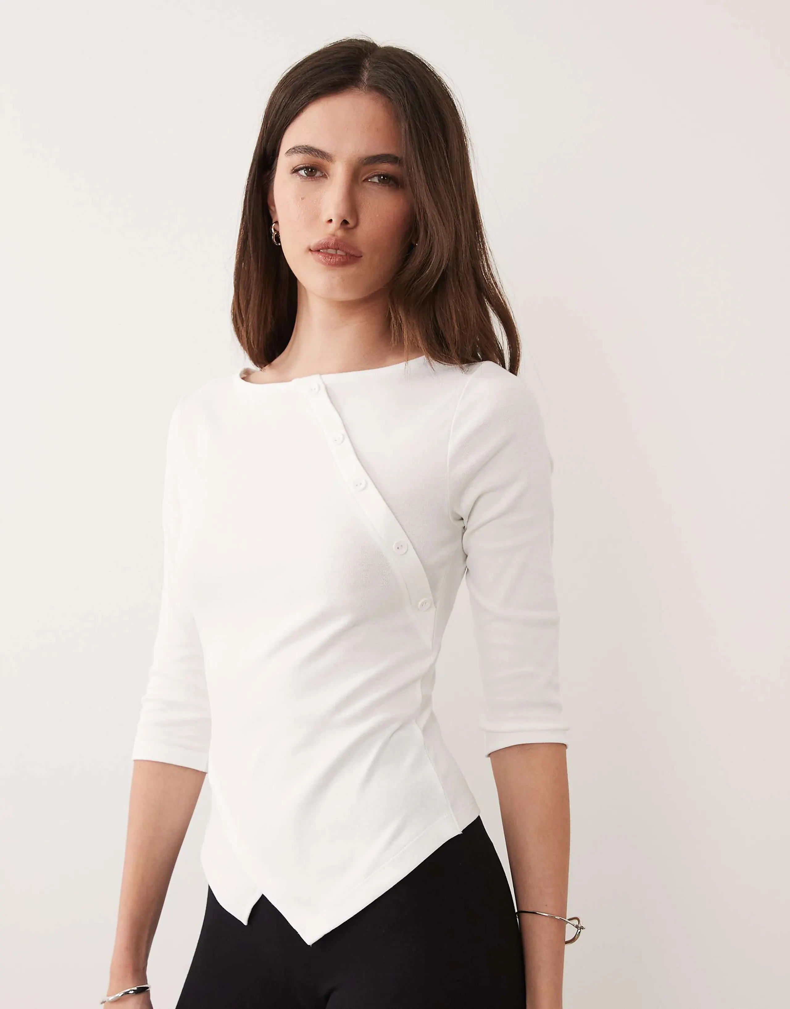 ASOS DESIGN 3/4 sleeve asymmetric button up top in white