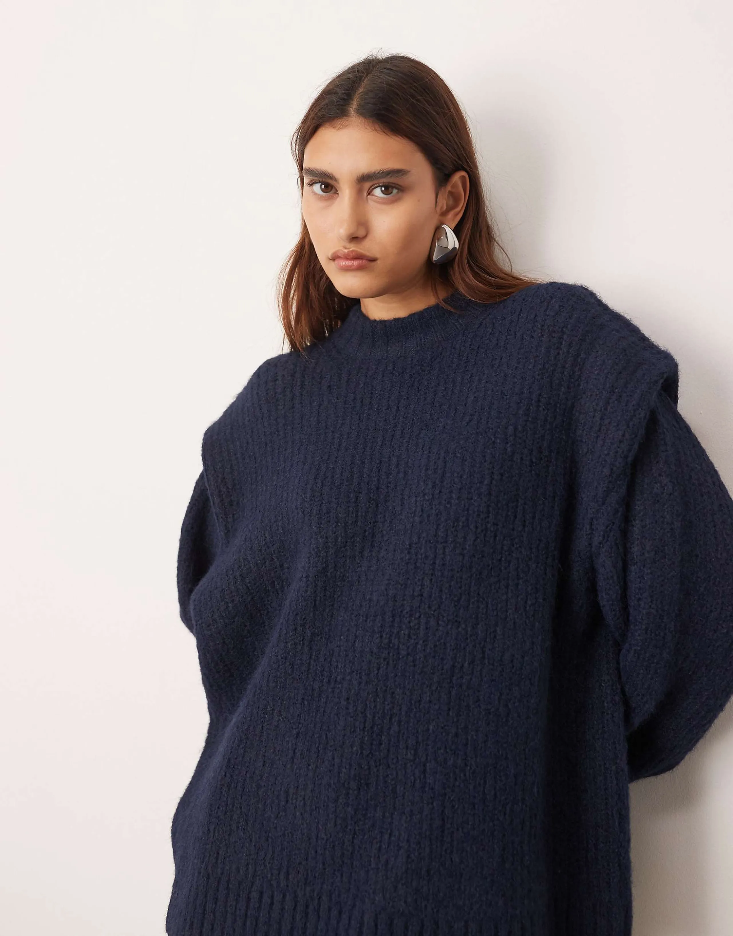 ARRANGE rib knit shoulder pad sweater in navy