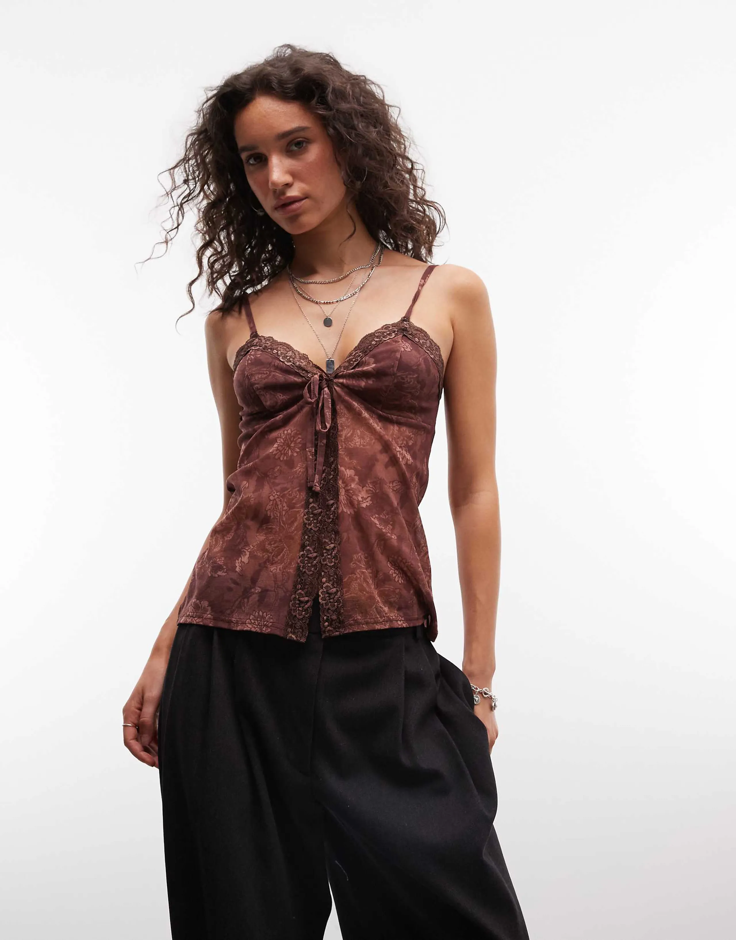 Reclaimed Vintage tie front printed cami top with lace trim in brown