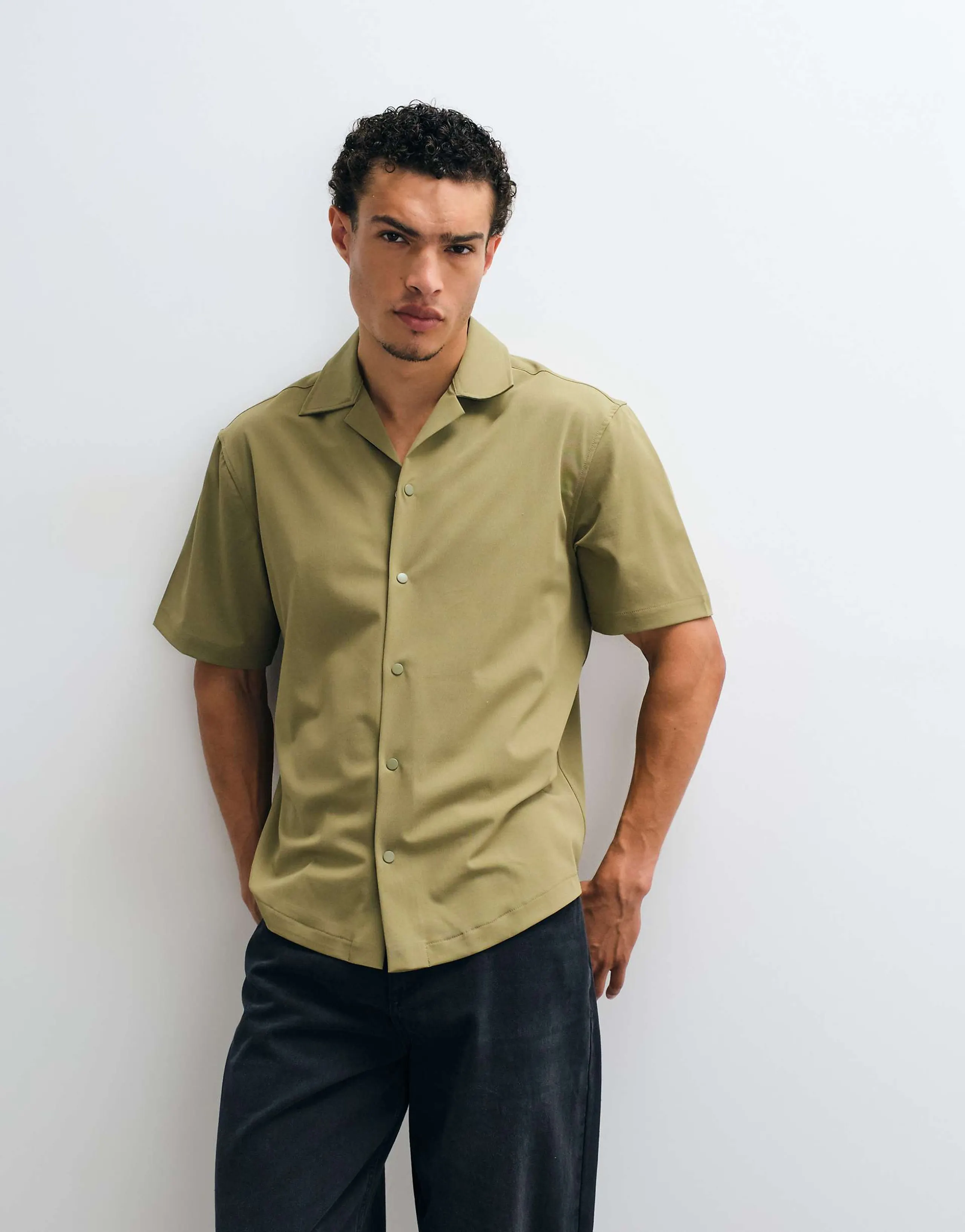 ASOS DESIGN relaxed camp collar shirt with snaps in khaki green