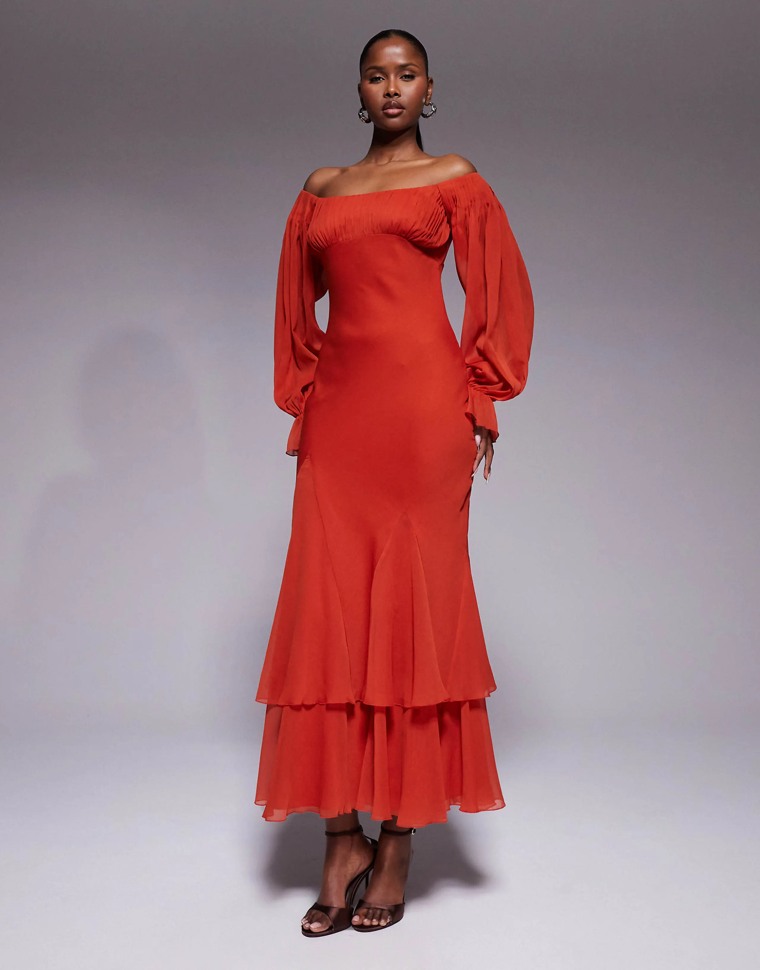 ASOS DESIGN off the shoulder ruffle maxi dress with tiered godets and blouson sleeves in red