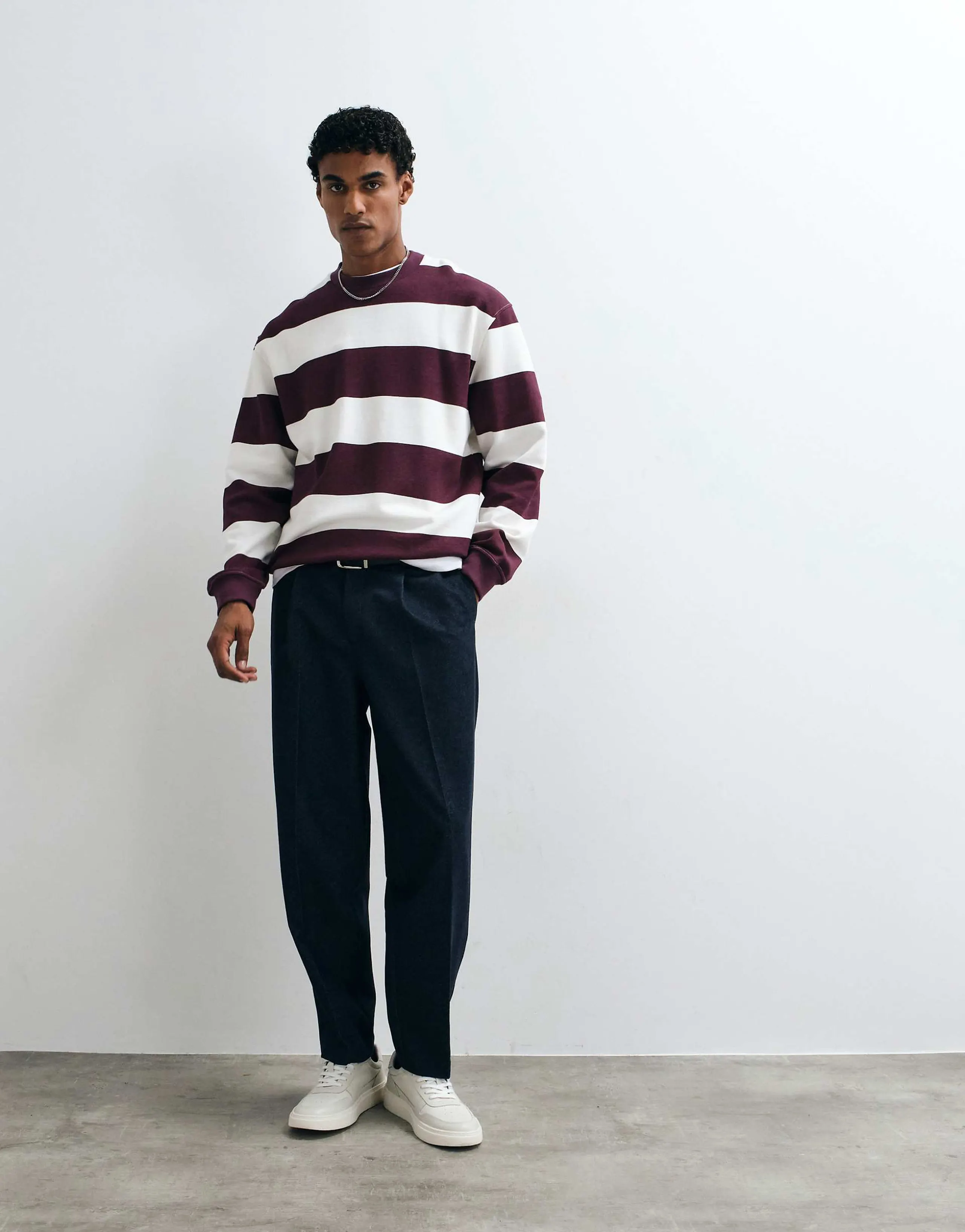 ASOS DESIGN relaxed striped crew neck sweater in prune and white