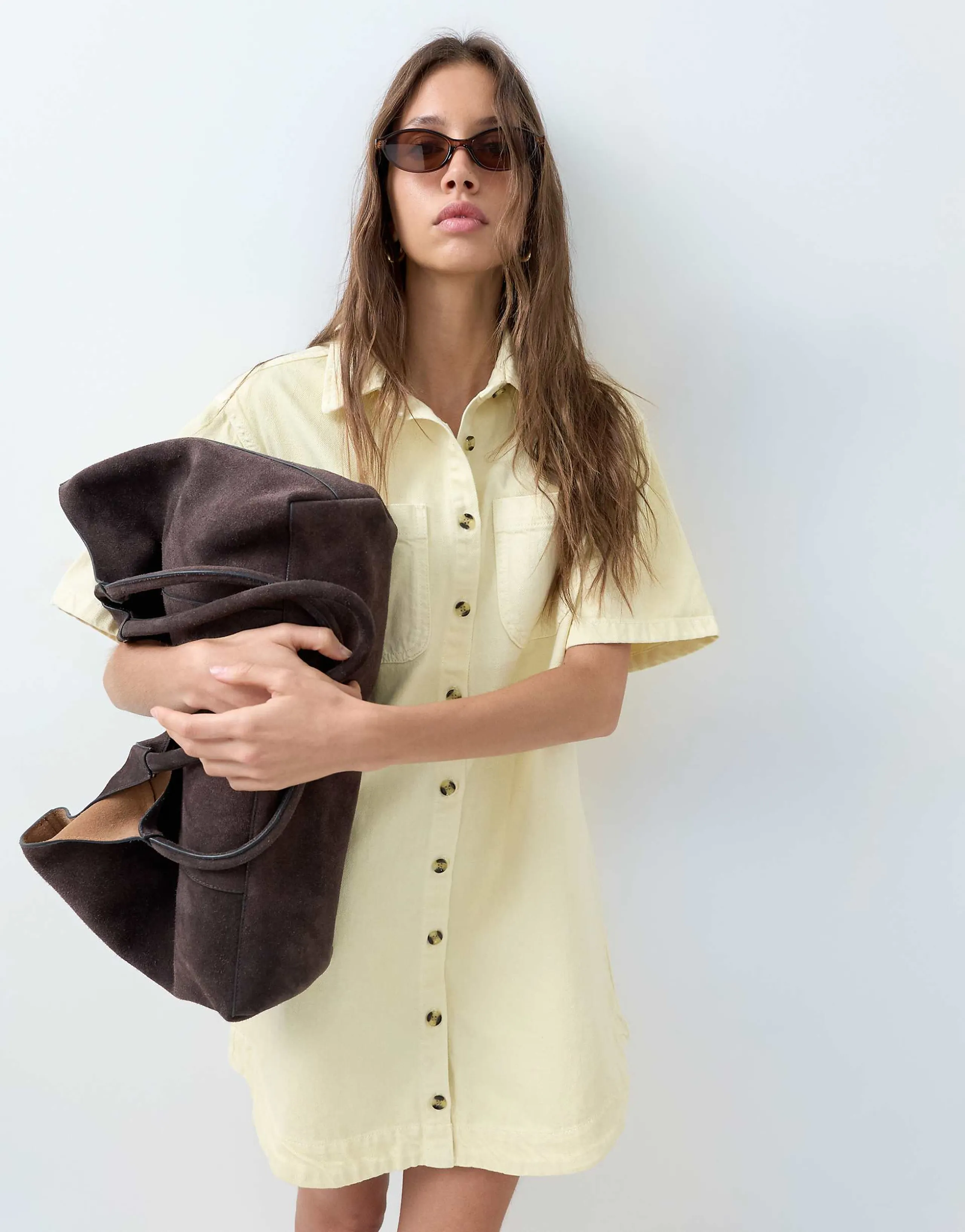 ASOS DESIGN denim boxy shirt dress with pocket detail in buttermilk