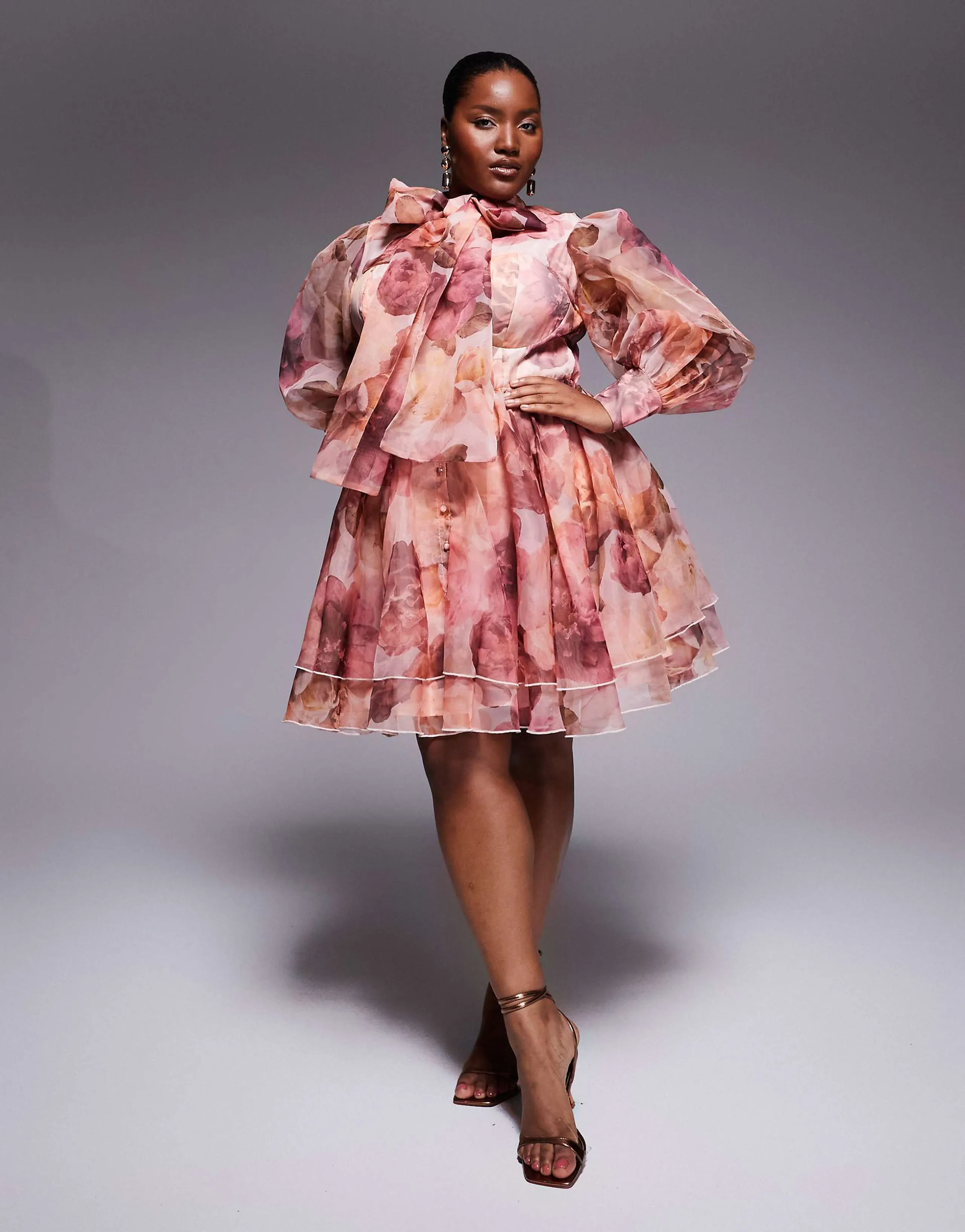 ASOS LUXE Curve organza swing dress with pussybow in pink floral print
