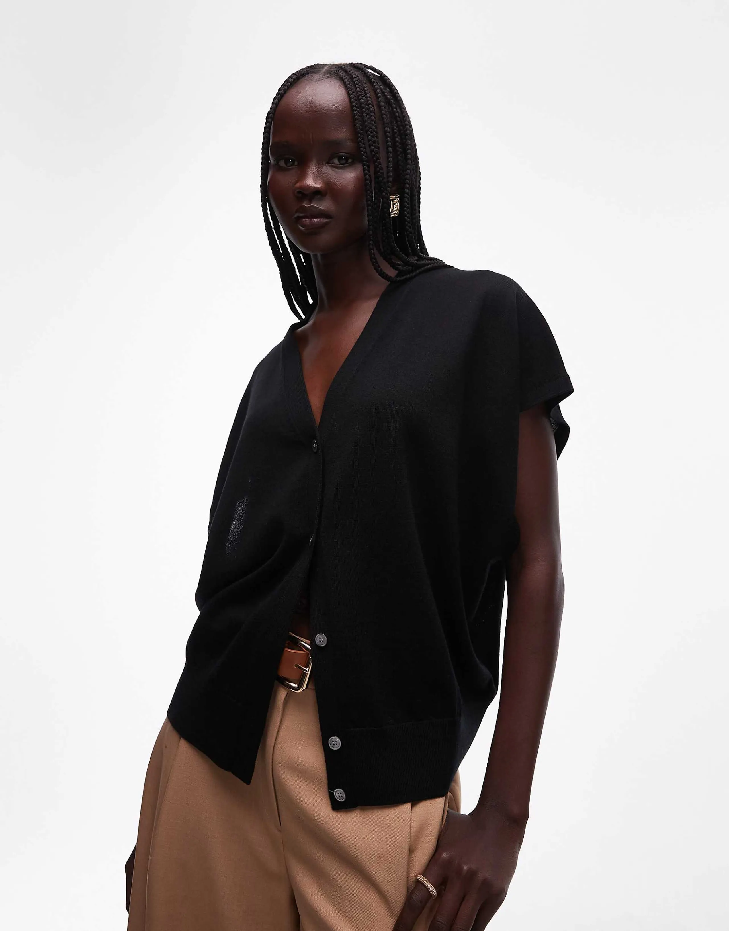 ARKET merino wool button up knit top in black 